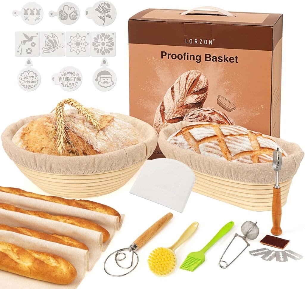 Lorzon Banneton Proofing Basket Set of 2, 10 Inch Round  Oval Cane Bread Proofing Baskets with Sourdough Bread Baking Supplies, Bread Making Kit Lorzon Banneton Proofing Basket Set of 2, 10 Inch Round  Oval Cane Bread Proofing Baskets with Sourdough Bread Baking Supplies, Bread Making Kit