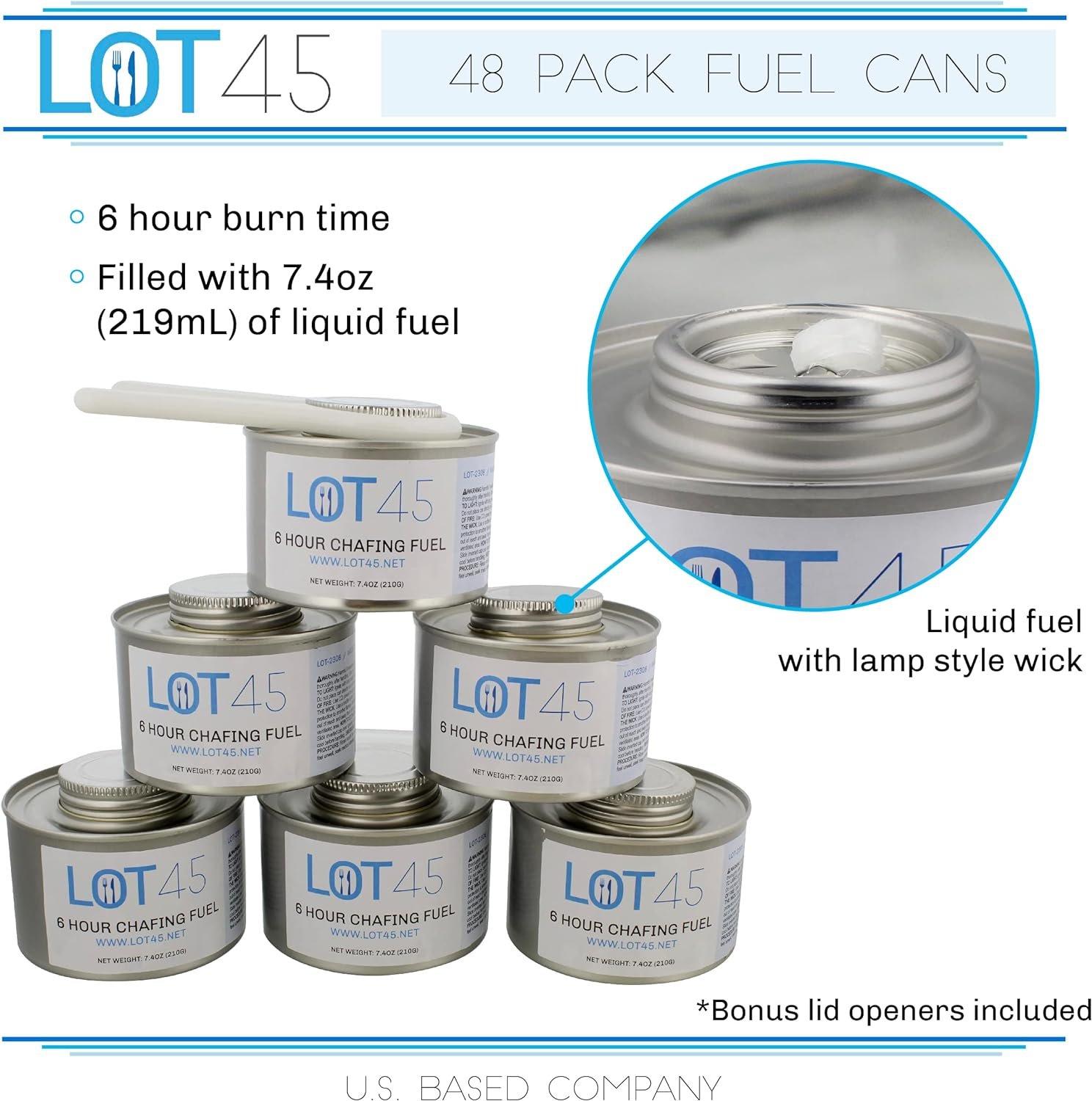 Lot45 Buffet Food Warmers for Parties, 6-Pack - 6 Hour Chafing Dish Fuel Cans - Catering Food Warmers Buffet Heating Food Warmer Party Canned Heat Burner with Bonus Lid Openers