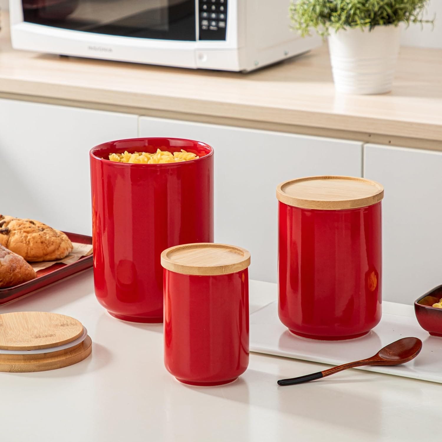 LOVECASA Canister Sets for Kitchen, Ceramic Food Storage Canisters for Countertop with Airtight Wood Lids, Flour and Suger Containers for Coffee, Tea,Spice,Cereal 80/40/20 OZ,Set of 3