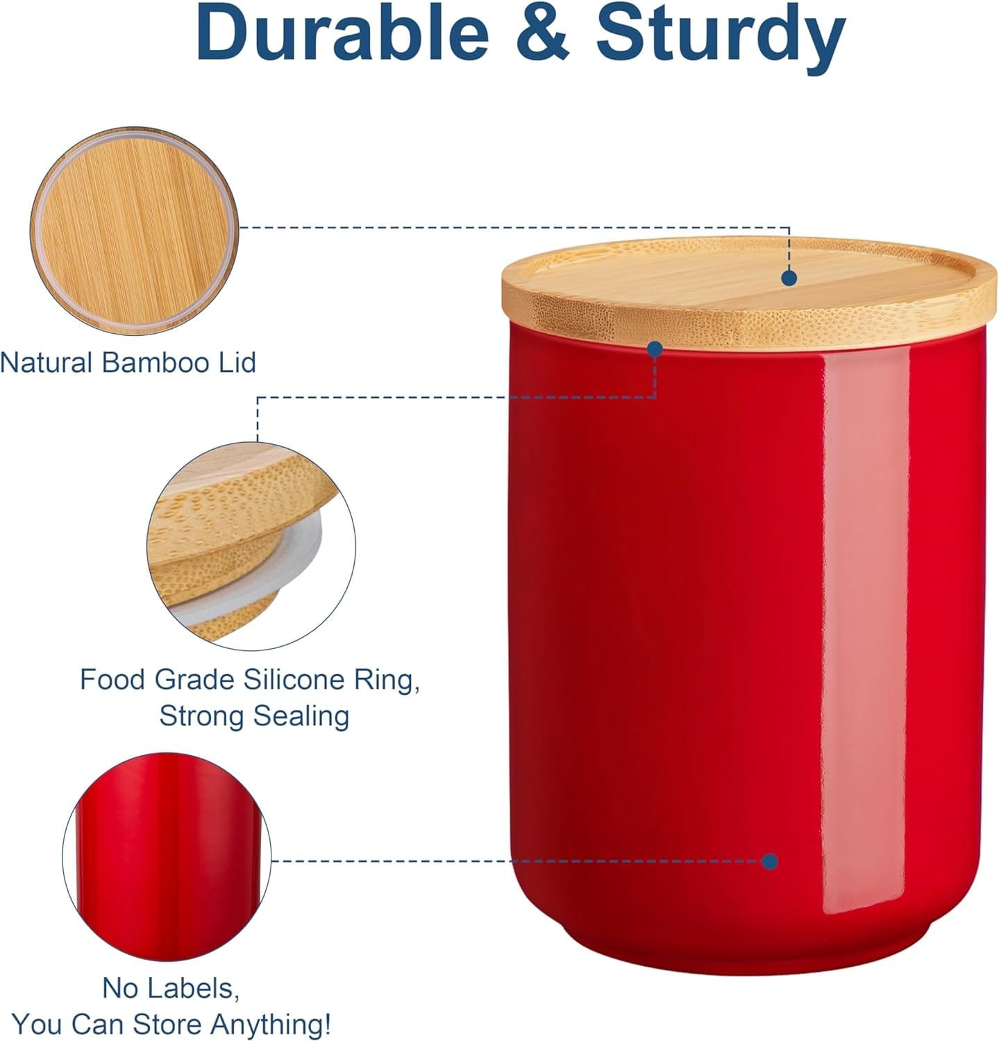 LOVECASA Canister Sets for Kitchen, Ceramic Food Storage Canisters for Countertop with Airtight Wood Lids, Flour and Suger Containers for Coffee, Tea,Spice,Cereal 80/40/20 OZ,Set of 3