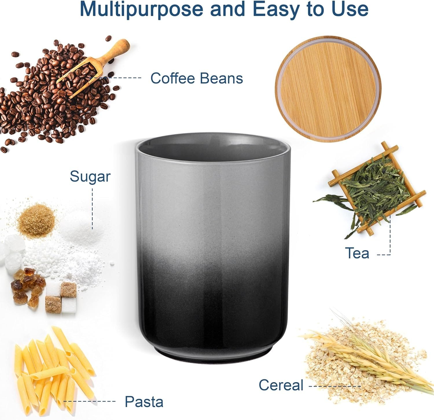 LOVECASA Canister Sets for Kitchen, Ceramic Food Storage Canisters for Countertop with Airtight Wood Lids, Flour and Suger Containers for Coffee, Tea,Spice,Cereal 80/40/20 OZ,Set of 3