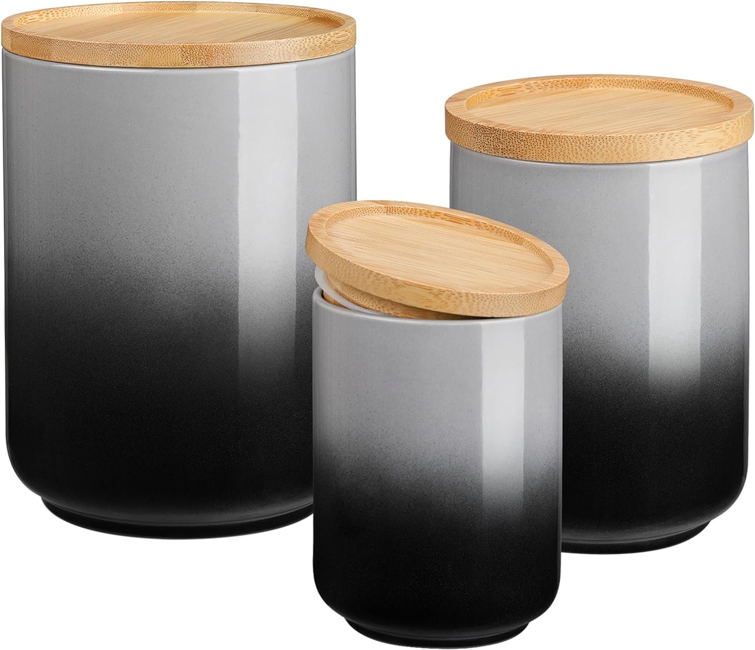 LOVECASA Canister Sets for Kitchen, Ceramic Food Storage Canisters for Countertop with Airtight Wood Lids, Flour and Suger Containers for Coffee, Tea,Spice,Cereal 80/40/20 OZ,Set of 3