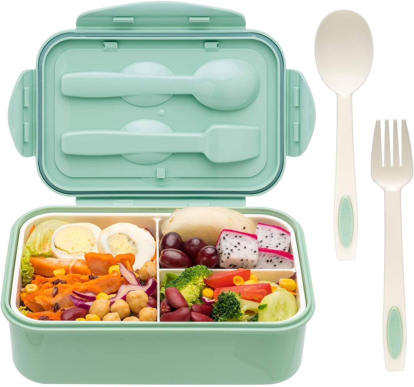 LOVINA Bento Boxes for Adults - 1100 ML Bento Lunch Box For Kids Childrens With Spoon  Fork - Durable Perfect Size for On-the-Go Meal, BPA-Free and Food-Safe Materials(Green)