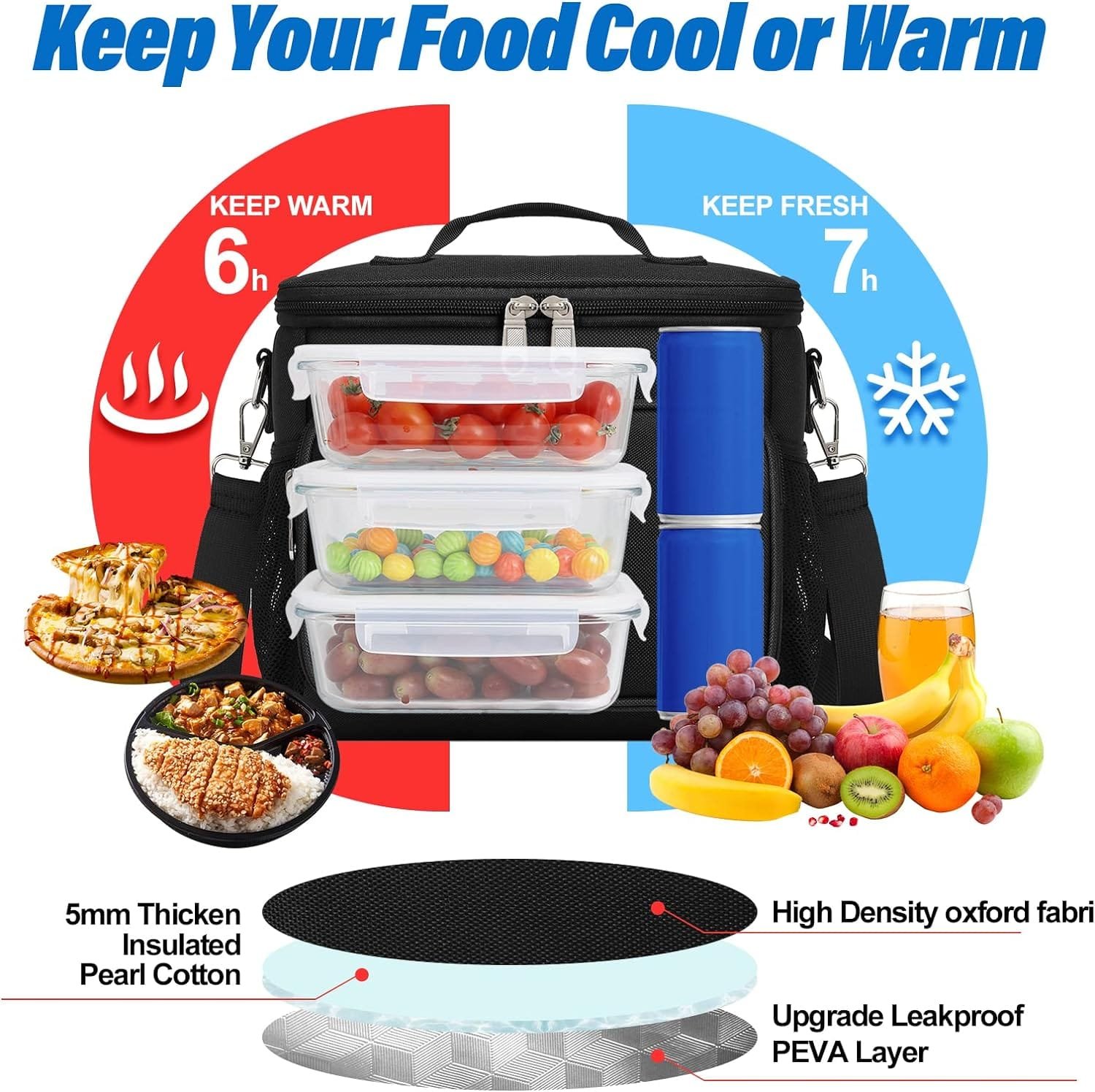 Macadamla Weinas Lunch bag for Women/Men,Insulated Lunch Cooler Bag for Adult,Collapsible Leakproof Lunch Bag with Adjustable Shoulder Strap for Work Office Picnic Beach Black S New