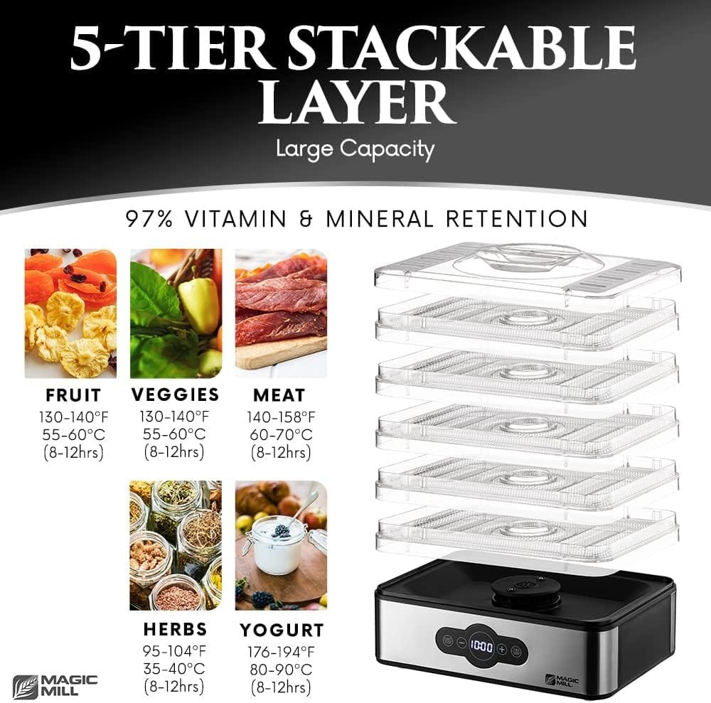 Magic Mill Food Dehydrator Machine | 5 Stackable Stainless Steel Trays Jerky Dryer with Digital Adjustable Timer  Temperature Control - Electric Food Preserver for Fruits, Veggies, Meats  Dog Treats