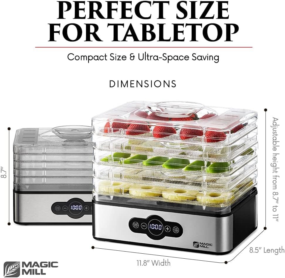 Magic Mill Food Dehydrator Machine | 5 Stackable Stainless Steel Trays Jerky Dryer with Digital Adjustable Timer  Temperature Control - Electric Food Preserver for Fruits, Veggies, Meats  Dog Treats