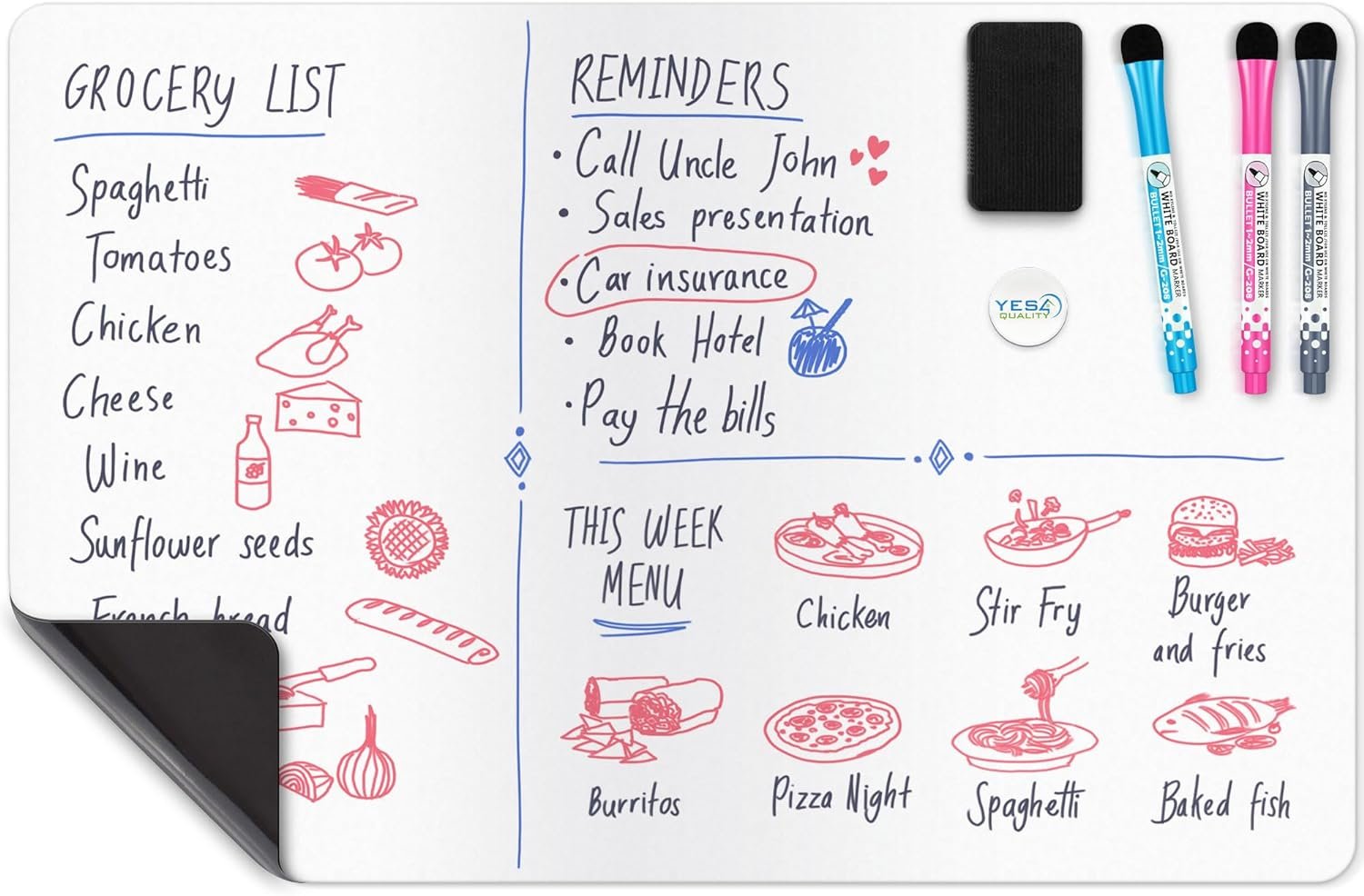 Magnetic Dry Erase White Board Sheet for Fridge 17x11 in - with Stain Resistant Technology - Includes 3 Markers and Big Eraser with Magnets - Small Refrigerator Whiteboard Planner  Organizer