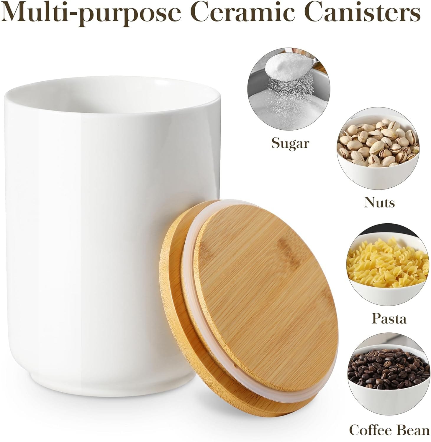 MALACASA Canisters Sets for the Kitchen, Ceramic Kitchen Canisters for Countertop, Coffee Jar with Airtight Bamboo Lid, Flour and Sugar Containers Set of 3, White Food Storage Jars for Tea, Cereal Nut MALACASA Canisters Sets for the Kitchen, Ceramic Kitchen Canisters for Countertop, Coffee Jar with Airtight Bamboo Lid, Flour and Sugar Containers Set of 3, White Food Storage Jars for Tea, Cereal Nut