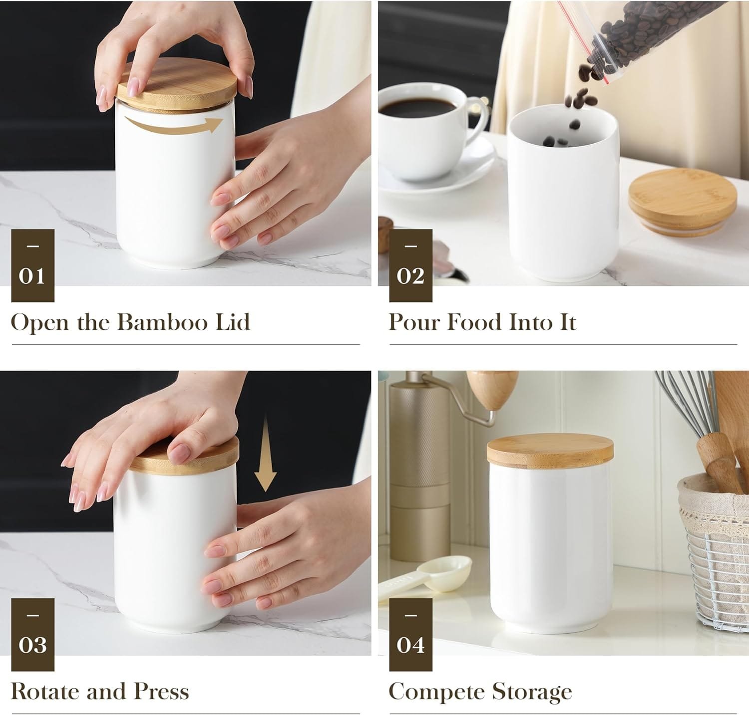 MALACASA Canisters Sets for the Kitchen, Ceramic Kitchen Canisters for Countertop, Coffee Jar with Airtight Bamboo Lid, Flour and Sugar Containers Set of 3, White Food Storage Jars for Tea, Cereal Nut MALACASA Canisters Sets for the Kitchen, Ceramic Kitchen Canisters for Countertop, Coffee Jar with Airtight Bamboo Lid, Flour and Sugar Containers Set of 3, White Food Storage Jars for Tea, Cereal Nut