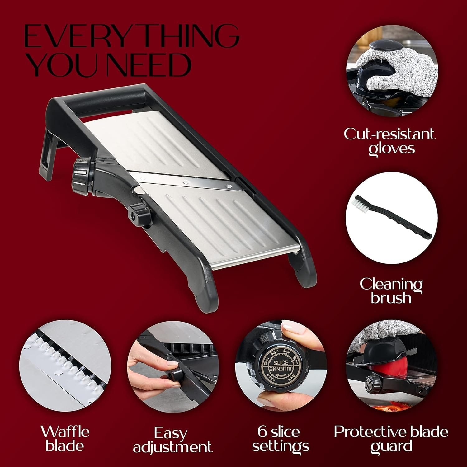 Mandoline Slicer  Waffle Cutter – 6-Setting Stainless Steel Adjustable Mandoline Slicer for Kitchen Professional  Cut-Resistant Gloves – Waffle-Cut Vegetable Slicer and Chopper by Gourmetly