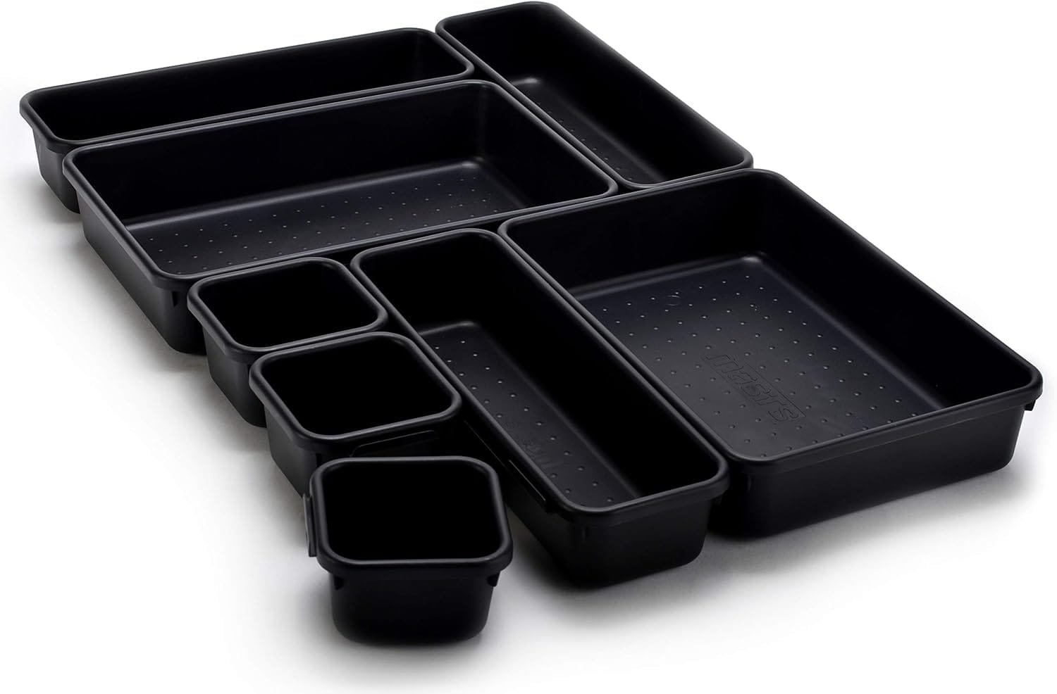 Masirs Interlocking Drawer Organizer Bins, Durable Plastic, Various Sizes for Custom Layout Design, Great for Desk Drawer, Tool Box or Garage Organization, (Black | 8-Piece Set) Masirs Interlocking Drawer Organizer Bins, Durable Plastic, Various Sizes for Custom Layout Design, Great for Desk Drawer, Tool Box or Garage Organization, (Black | 8-Piece Set)