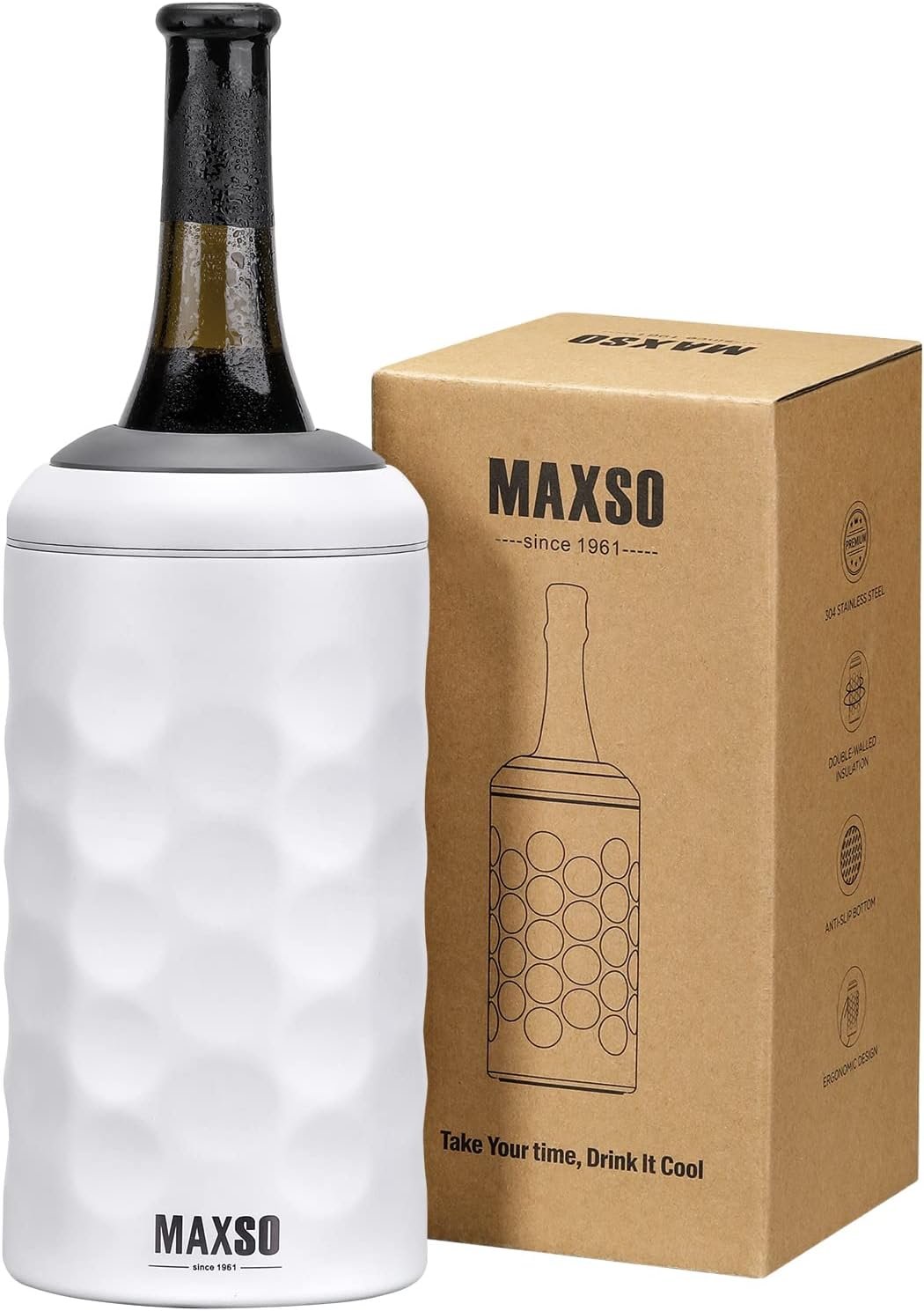 MAXSO Wine Chiller Bucket, Portable 750ml Champagne  Wine Bottle Cooler Keep Wine  Beverages Cold, Stainless Steel Vacuum Insulated Wine Gifts for Wine Lovers - White