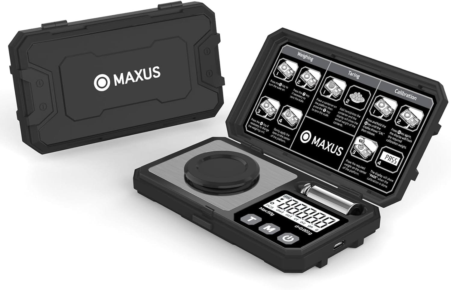 MAXUS Milligram Scale 50g/0.001g, Compact Mg Scale with 50g Calibration Weight, Black Powder Scale for Reloading, Includes a Scoop, a Powder Pan, a USB Cable and Tweezers