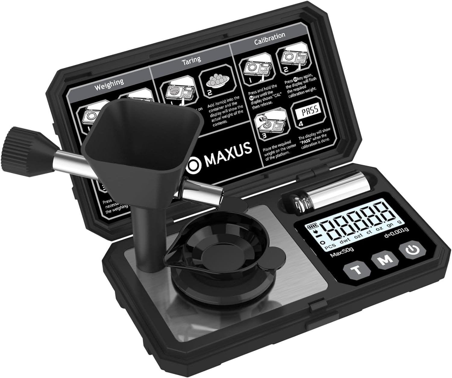 MAXUS Milligram Scale 50g/0.001g, Compact Mg Scale with 50g Calibration Weight, Black Powder Scale for Reloading, Includes a Scoop, a Powder Pan, a USB Cable and Tweezers