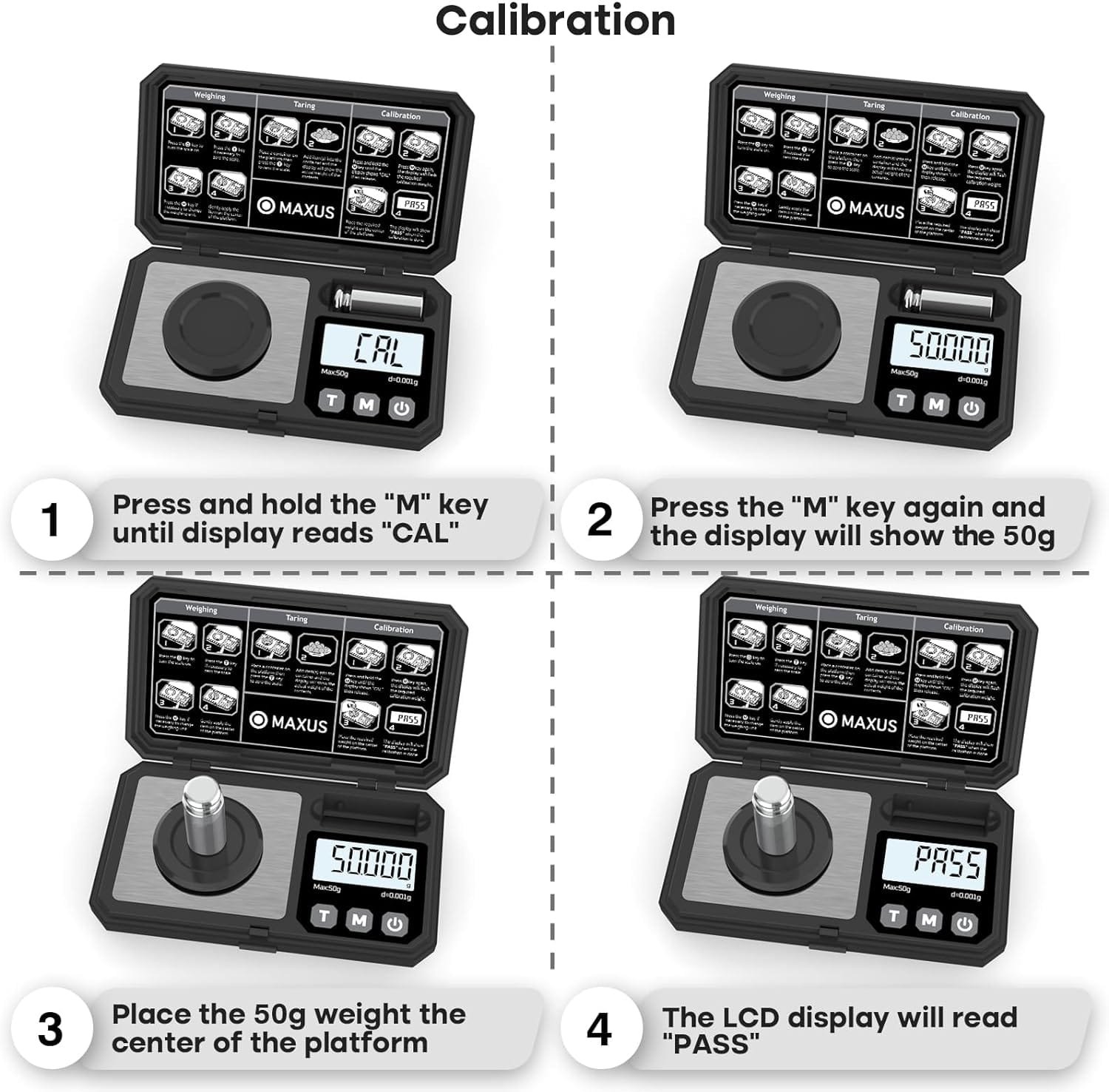 MAXUS Milligram Scale 50g/0.001g, Compact Mg Scale with 50g Calibration Weight, Black Powder Scale for Reloading, Includes a Scoop, a Powder Pan, a USB Cable and Tweezers