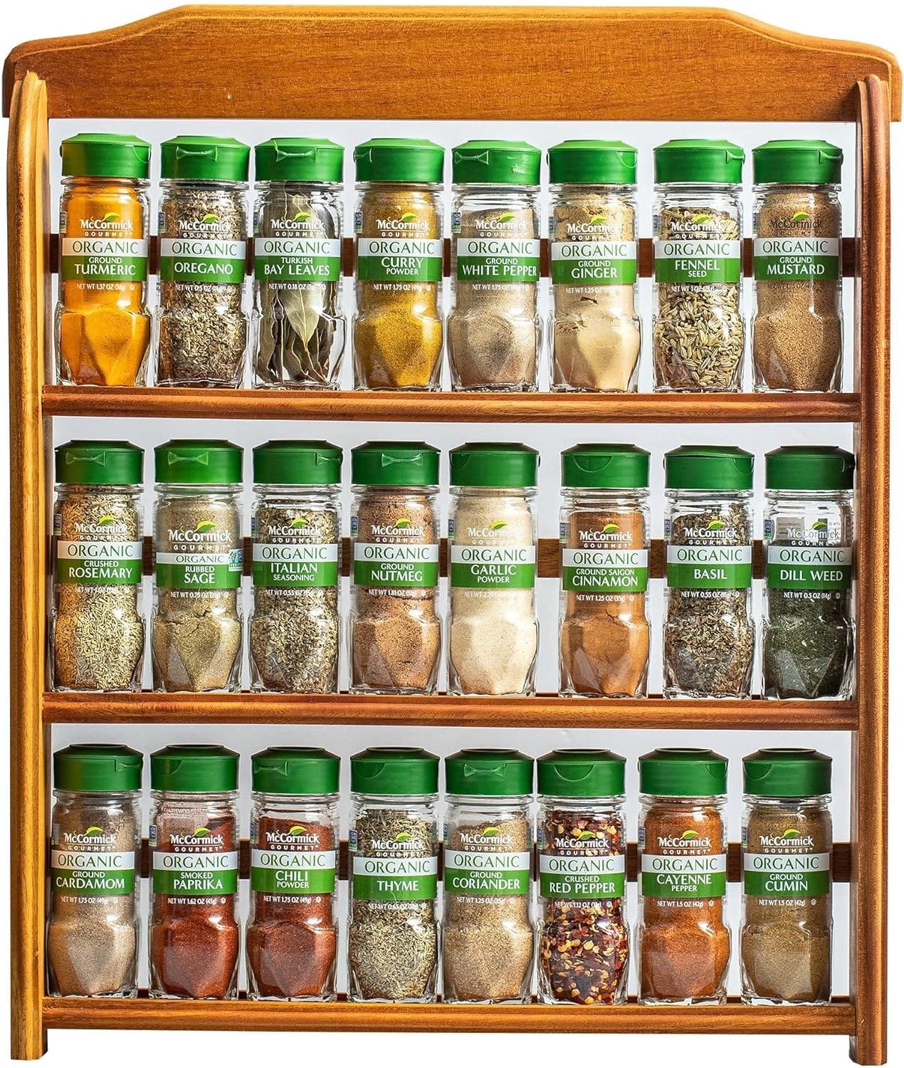 McCormick Gourmet Three Tier Wood 24 Piece Organic Spice Rack Organizer with Spices Included, 27.6 oz McCormick Gourmet Three Tier Wood 24 Piece Organic Spice Rack Organizer with Spices Included, 27.6 oz