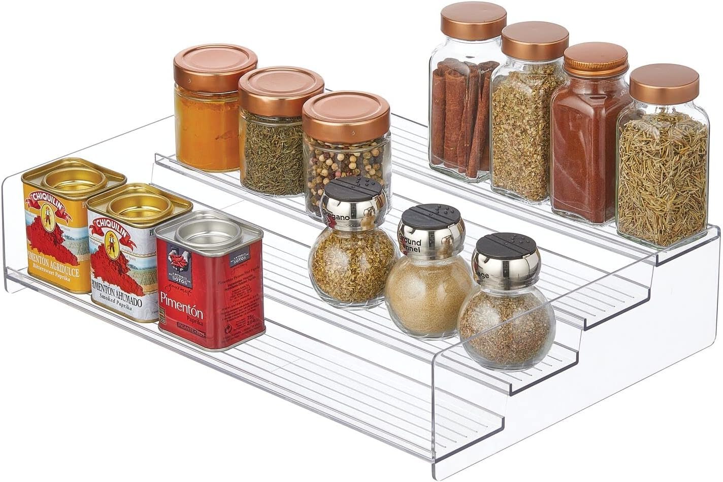 mDesign Plastic Kitchen Food Storage Organizer 4-Tiered Shelves, Spice Holder Rack Steps for Cabinet, Cupboard, Counter, Pantry - Holds Seasoning, Canned Food, Condiments - Clear