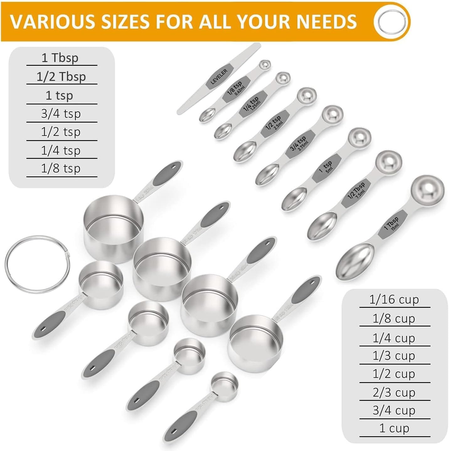 Measuring Cups and Magnetic Measuring Spoons Set, Wildone Stainless Steel 16 Piece Set, 8 Measuring Cups 7 Double Sided Stackable Magnetic Measuring Spoons 1 Leveler Measuring Cups and Magnetic Measuring Spoons Set, Wildone Stainless Steel 16 Piece Set, 8 Measuring Cups 7 Double Sided Stackable Magnetic Measuring Spoons 1 Leveler