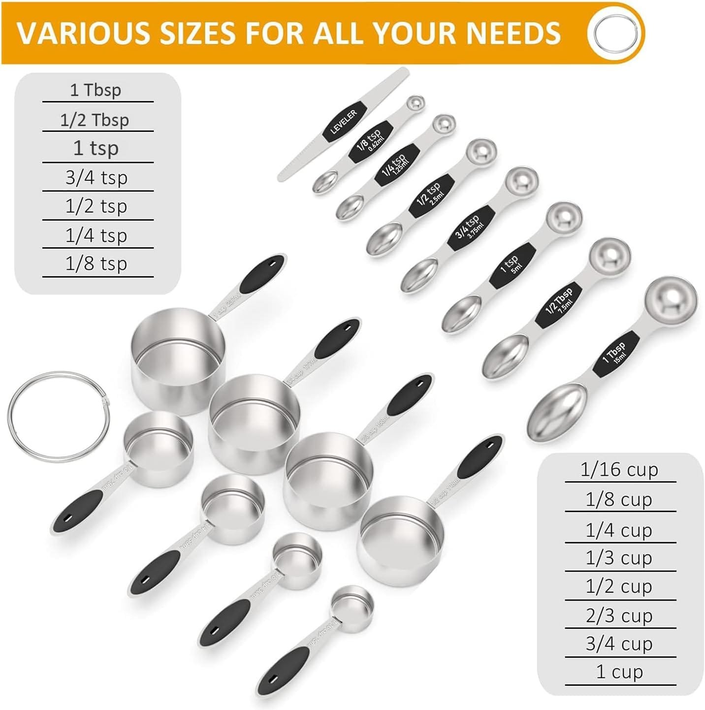 Measuring Cups and Magnetic Measuring Spoons Set, Wildone Stainless Steel 16 Piece Set, 8 Measuring Cups 7 Double Sided Stackable Magnetic Measuring Spoons 1 Leveler Measuring Cups and Magnetic Measuring Spoons Set, Wildone Stainless Steel 16 Piece Set, 8 Measuring Cups 7 Double Sided Stackable Magnetic Measuring Spoons 1 Leveler
