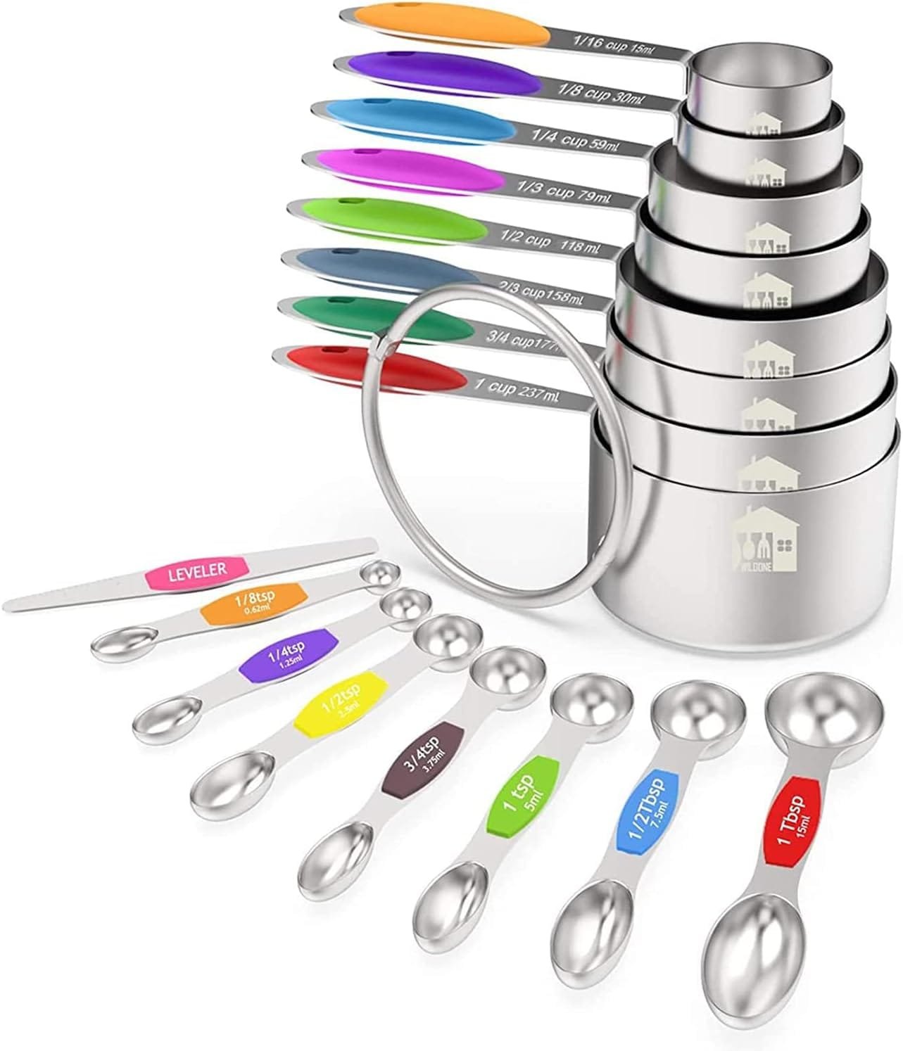 Measuring Cups and Magnetic Measuring Spoons Set, Wildone Stainless Steel 16 Piece Set, 8 Measuring Cups 7 Double Sided Stackable Magnetic Measuring Spoons 1 Leveler Measuring Cups and Magnetic Measuring Spoons Set, Wildone Stainless Steel 16 Piece Set, 8 Measuring Cups 7 Double Sided Stackable Magnetic Measuring Spoons 1 Leveler