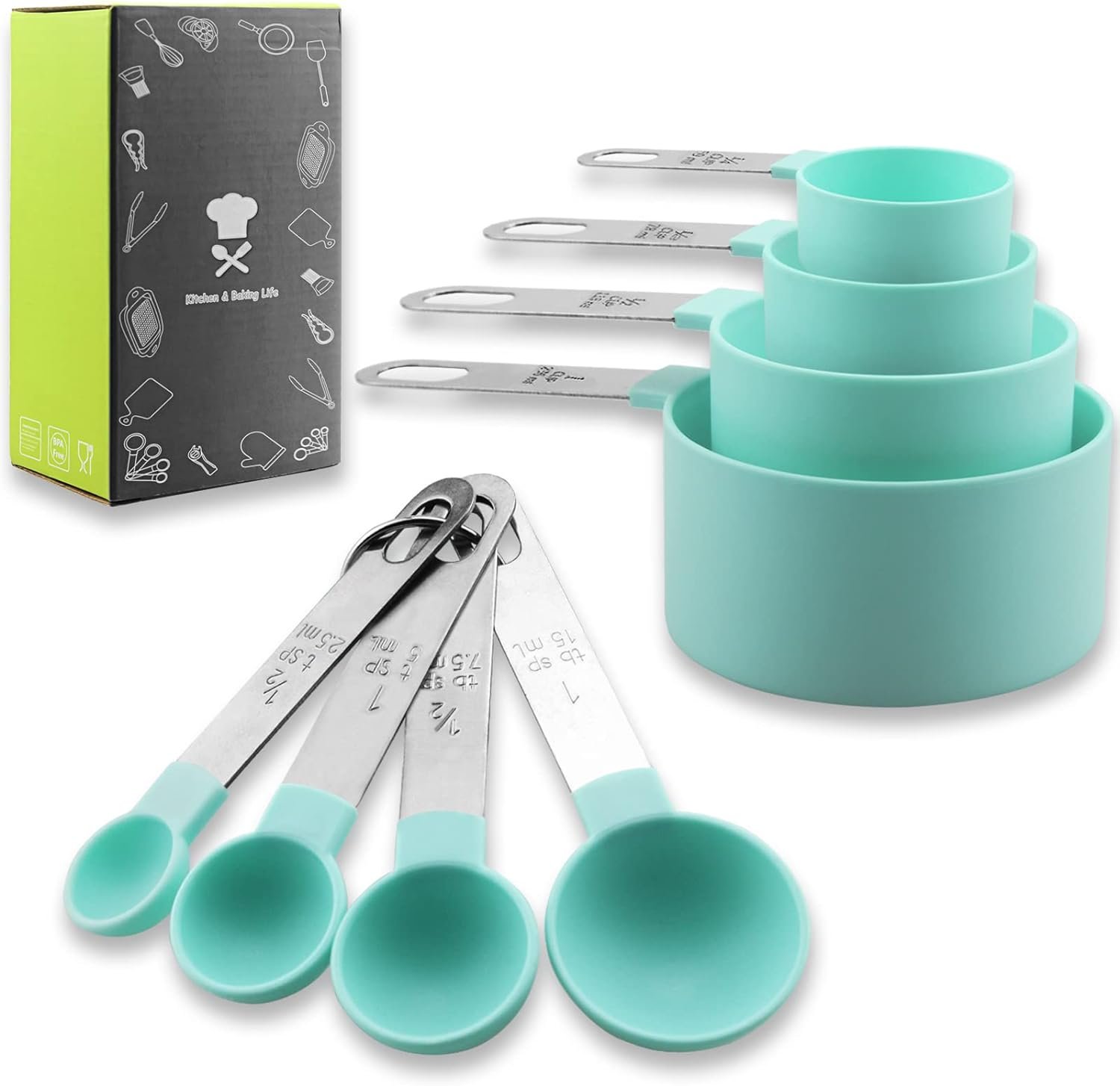 Measuring Cups and Spoons Set, 8 Pieces Measuring Cups and Measuring Spoons with Stackable Stainless Steel Handle Measure Dry or Liquid Ingredients Measuring Set for Kitchen Cooking and Baking (Green) Measuring Cups and Spoons Set, 8 Pieces Measuring Cups and Measuring Spoons with Stackable Stainless Steel Handle Measure Dry or Liquid Ingredients Measuring Set for Kitchen Cooking and Baking (Green)
