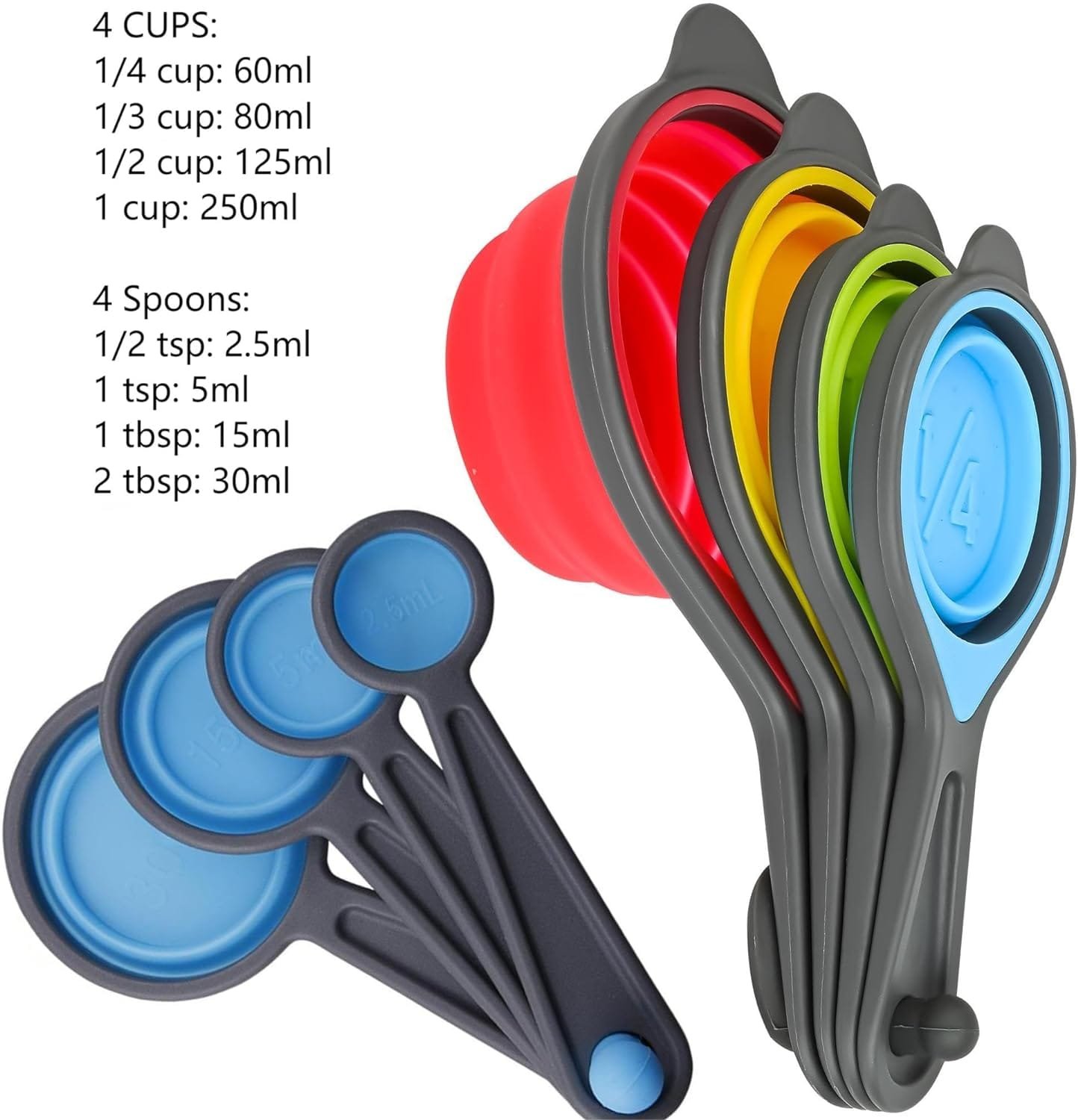 Measuring Cups and Spoons set, Collapsible Measuring Cups, 8 pieces Measuring CupsSpoons Set, Engraved Metric  US Markings for LiquidDry Measuring, Space Saving, BPA Free Colorful Silicone