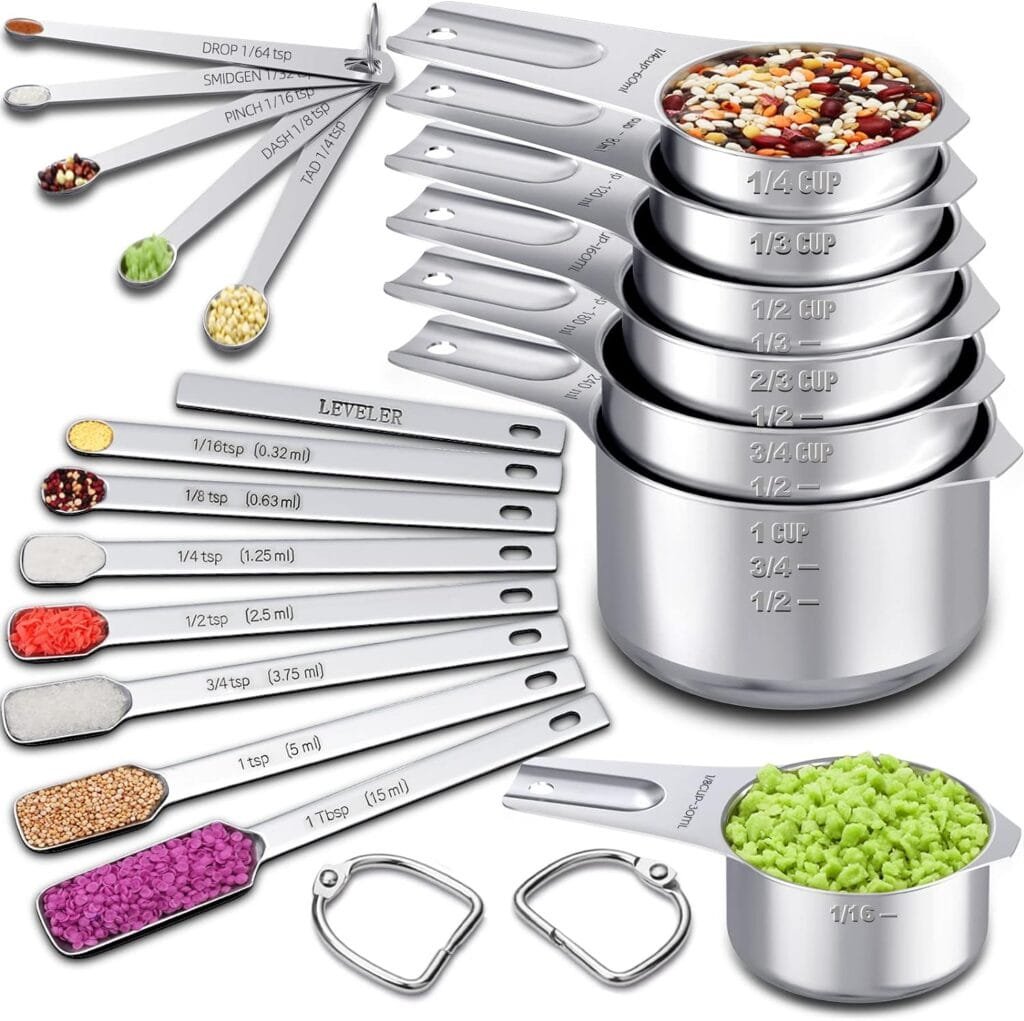 Measuring Cups and Spoons Set of 20, 7 Stainless Steel Nesting Measuring Cups  7 Spoons, 1 + Leveler  5 Mini Measuring Spoons for Cooking  Baking