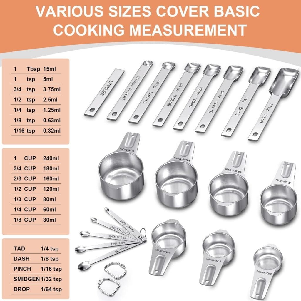 Measuring Cups and Spoons Set of 20, 7 Stainless Steel Nesting Measuring Cups  7 Spoons, 1 + Leveler  5 Mini Measuring Spoons for Cooking  Baking