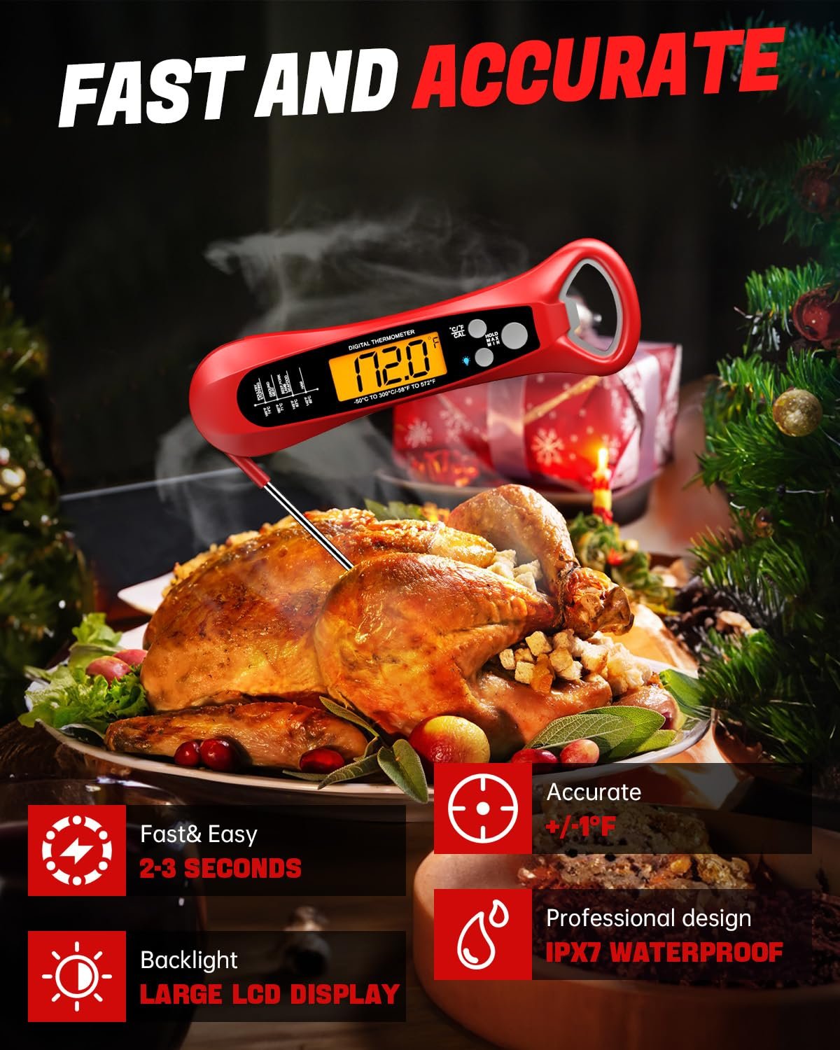 Meat Thermometer Digital, Instant Read Meat ThermometerI for Grill and Cooking, IP66 Waterproof Food Thermometer for Kitchen and Outside, BBQ, Turkey, Candy, Liquids, Beef