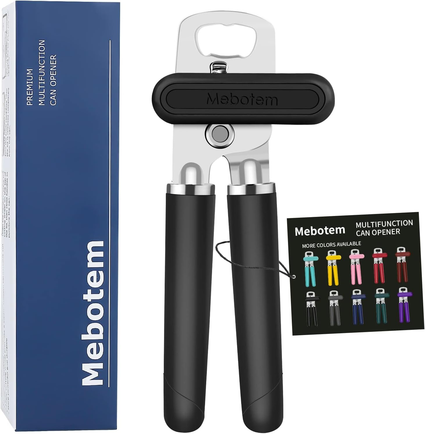 Mebotem 10 Colors Can Opener Manual Handheld Heavy Duty Hand Can Opener Smooth Edge Stainless Steel Can Openers Top Lid Kitchen Gadgets, Best Large Rated Easy Turn Knob, with Bottle Opener, Black