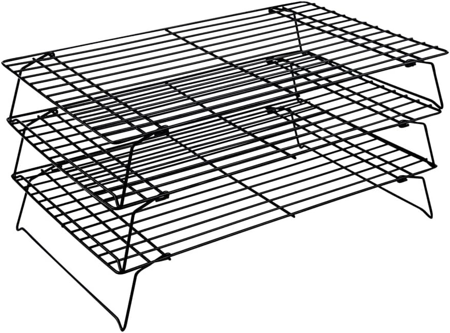 Met Lux 15.7 x 9.8 x 8.3 Inch Wire Baking Rack Set, 1 Stackable Oven Wire Rack Set - 3-Tier Design, Oven-Ready Up To 392F, Black Iron Cooling Rack Set, With Collapsible Feet - Restaurantware