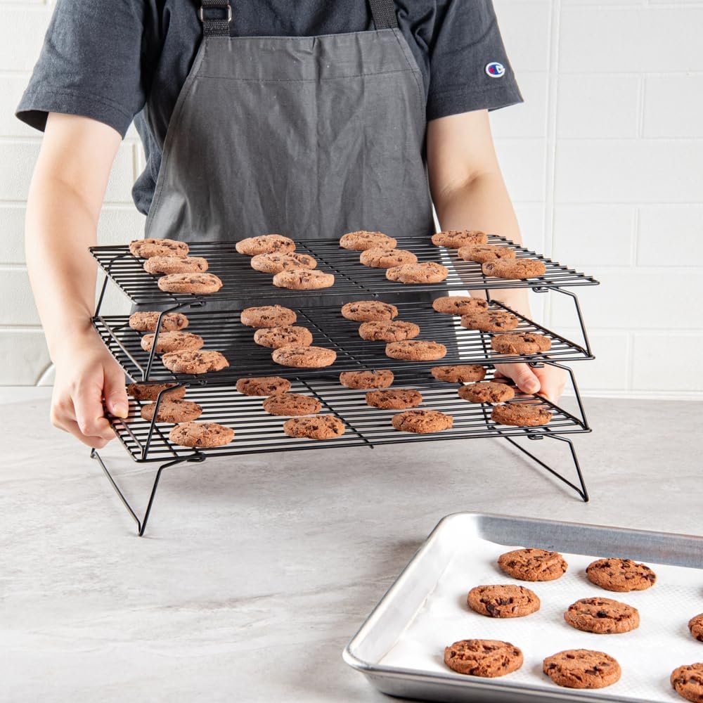 Met Lux 15.7 x 9.8 x 8.3 Inch Wire Baking Rack Set, 1 Stackable Oven Wire Rack Set - 3-Tier Design, Oven-Ready Up To 392F, Black Iron Cooling Rack Set, With Collapsible Feet - Restaurantware