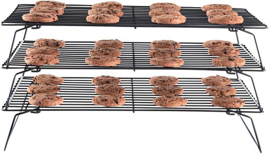 Met Lux 15.7 x 9.8 x 8.3 Inch Wire Baking Rack Set, 1 Stackable Oven Wire Rack Set - 3-Tier Design, Oven-Ready Up To 392F, Black Iron Cooling Rack Set, With Collapsible Feet - Restaurantware
