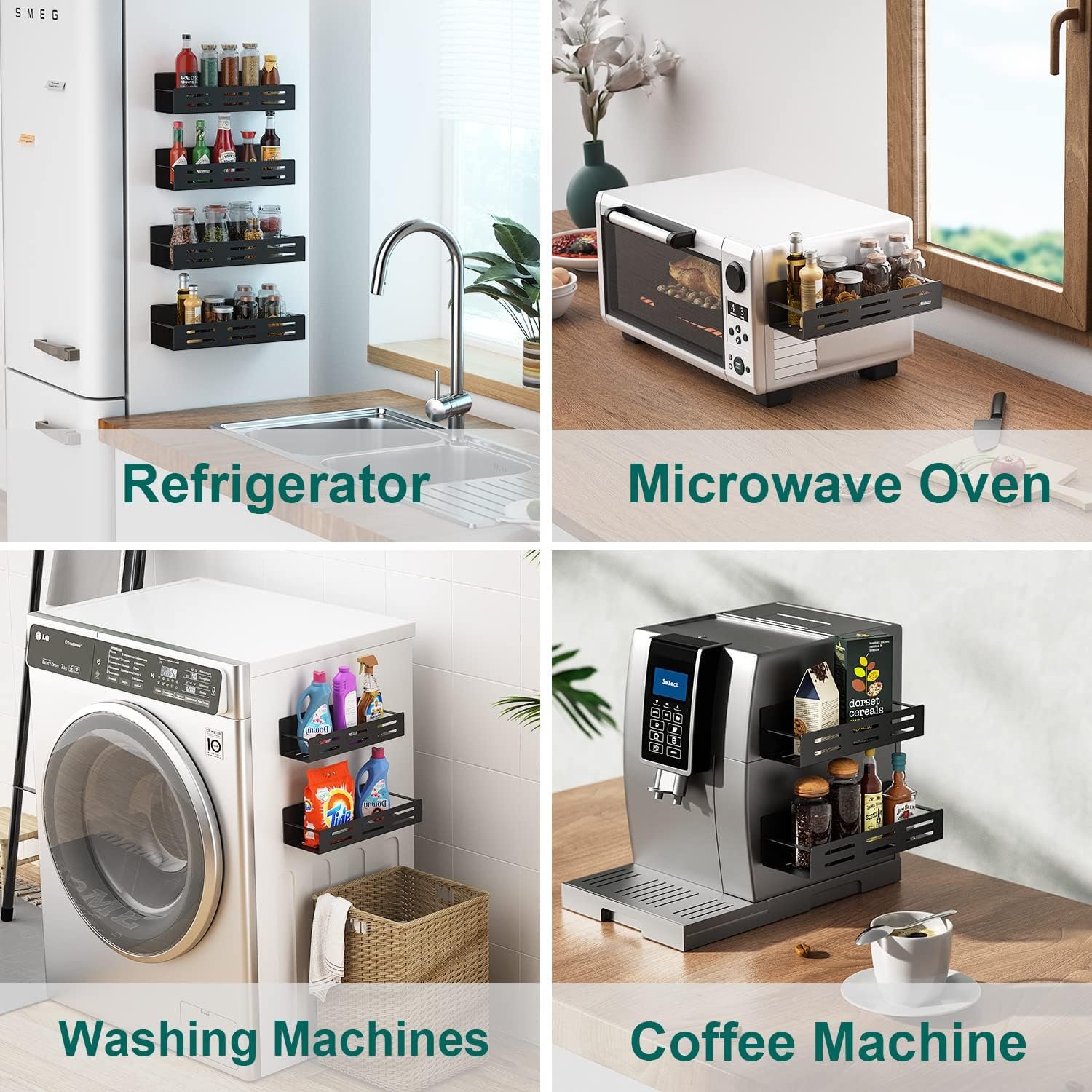 MFTEK Magnetic Spice Rack for Refrigerator, 4 Pack Spice Rack Organizer Strong Magnetic Shelf Seasoning Organizer, Metal Side Fridge Storage Rack, Space Saving Kitchen Organization