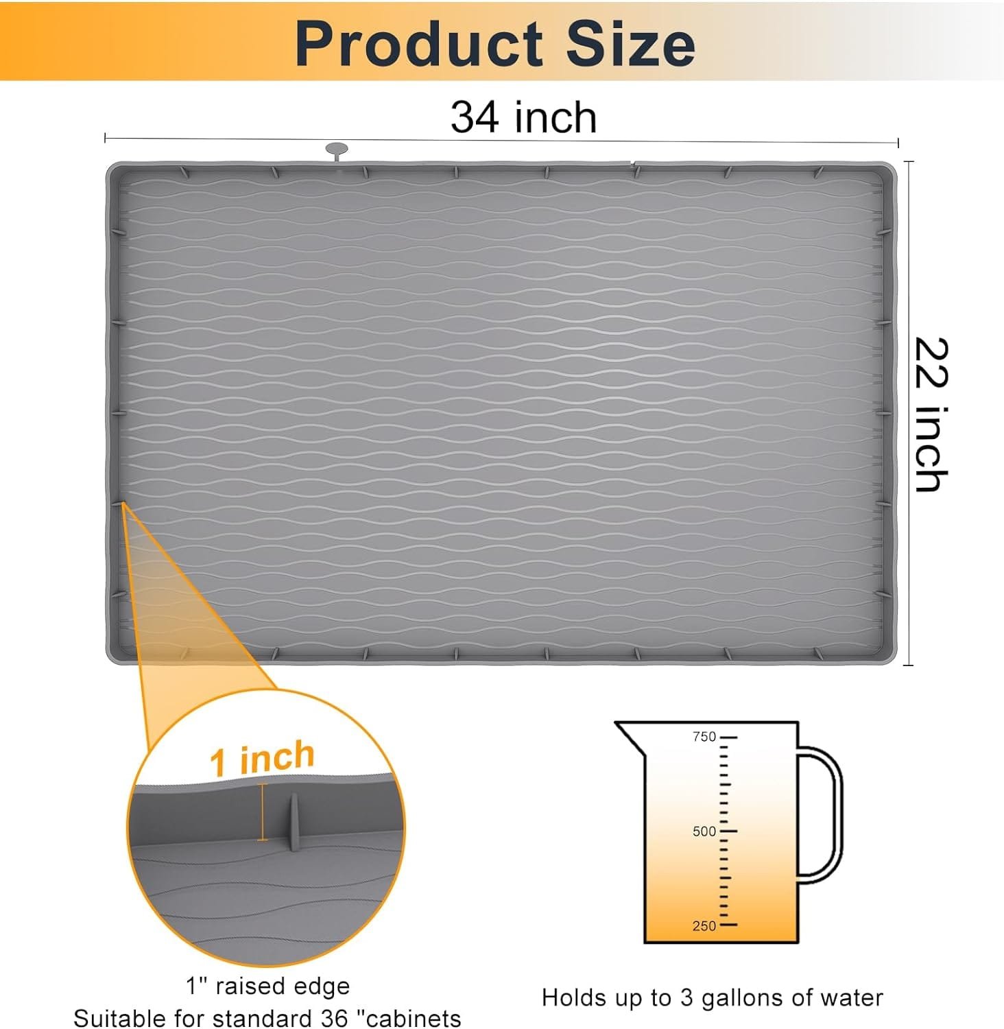 MHHA Under Sink Mat for Kitchen Waterproof, 34 × 22 Silicone Bathroom Sink Mat, Under Sink Liner Drip Tray and Protectors for Bottom of kitchen Sink, Fits 36 Stand Cabinets (Grey) MHHA Under Sink Mat for Kitchen Waterproof, 34 × 22 Silicone Bathroom Sink Mat, Under Sink Liner Drip Tray and Protectors for Bottom of kitchen Sink, Fits 36 Stand Cabinets (Grey)