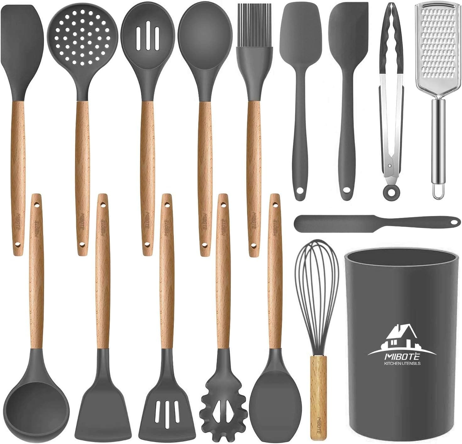 MIBOTE 17 Pcs Silicone Cooking Kitchen Utensils Set with Holder, Wooden Handles Silicone Turner Tongs Spatula Spoon Kitchen Gadgets Utensil Set for Nonstick Cookware (Grey) MIBOTE 17 Pcs Silicone Cooking Kitchen Utensils Set with Holder, Wooden Handles Silicone Turner Tongs Spatula Spoon Kitchen Gadgets Utensil Set for Nonstick Cookware (Grey)