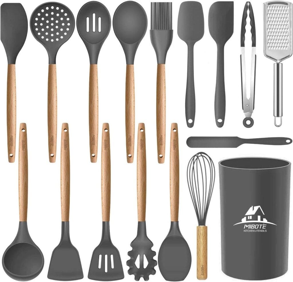 MIBOTE 17 Pcs Silicone Cooking Kitchen Utensils Set with Holder, Wooden Handles Silicone Turner Tongs Spatula Spoon Kitchen Gadgets Utensil Set for Nonstick Cookware (Grey) MIBOTE 17 Pcs Silicone Cooking Kitchen Utensils Set with Holder, Wooden Handles Silicone Turner Tongs Spatula Spoon Kitchen Gadgets Utensil Set for Nonstick Cookware (Grey)