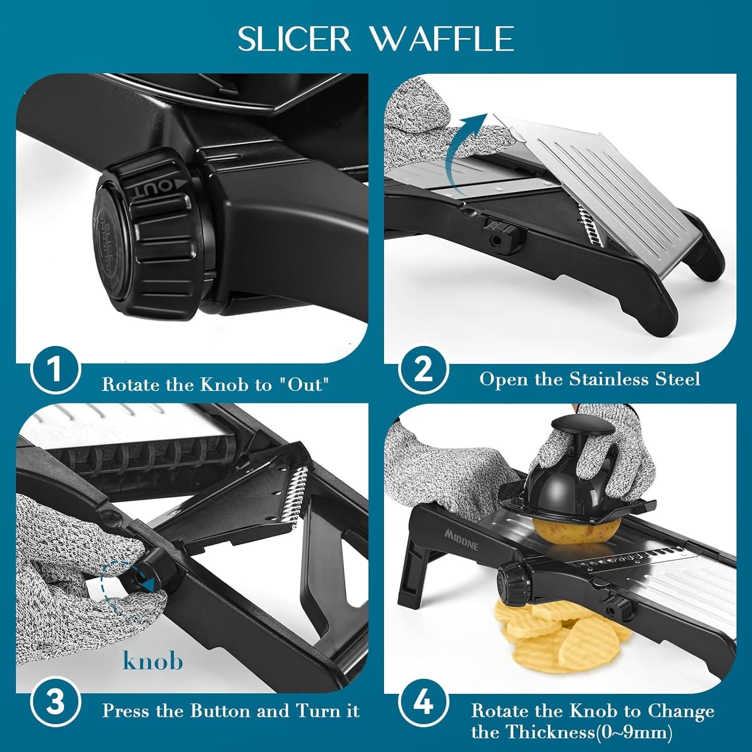 MIDONE Mandoline Slicer - Adjustable Mandoline Slicer for Kitchen, Stainless Steel Mandoline Food Slicer, Mandolin, Potato Slicer, Tomato Slicer with Cut-Resistant Gloves  Cleaning Brush