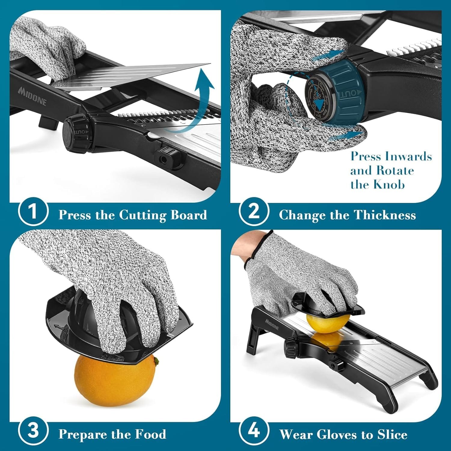 MIDONE Mandoline Slicer - Adjustable Mandoline Slicer for Kitchen, Stainless Steel Mandoline Food Slicer, Mandolin, Potato Slicer, Tomato Slicer with Cut-Resistant Gloves  Cleaning Brush