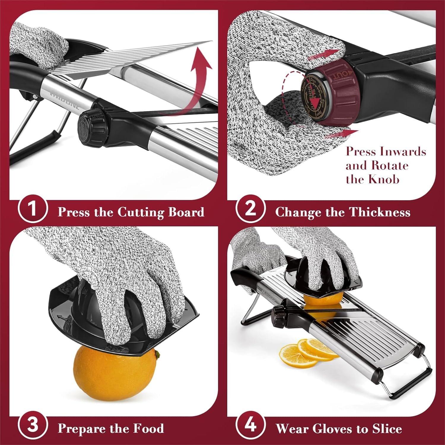 MIDONE Mandoline Slicer - Adjustable Mandoline Slicer for Kitchen, Stainless Steel Mandoline Food Slicer, Mandolin, Potato Slicer, Tomato Slicer with Cut-Resistant Gloves  Cleaning Brush