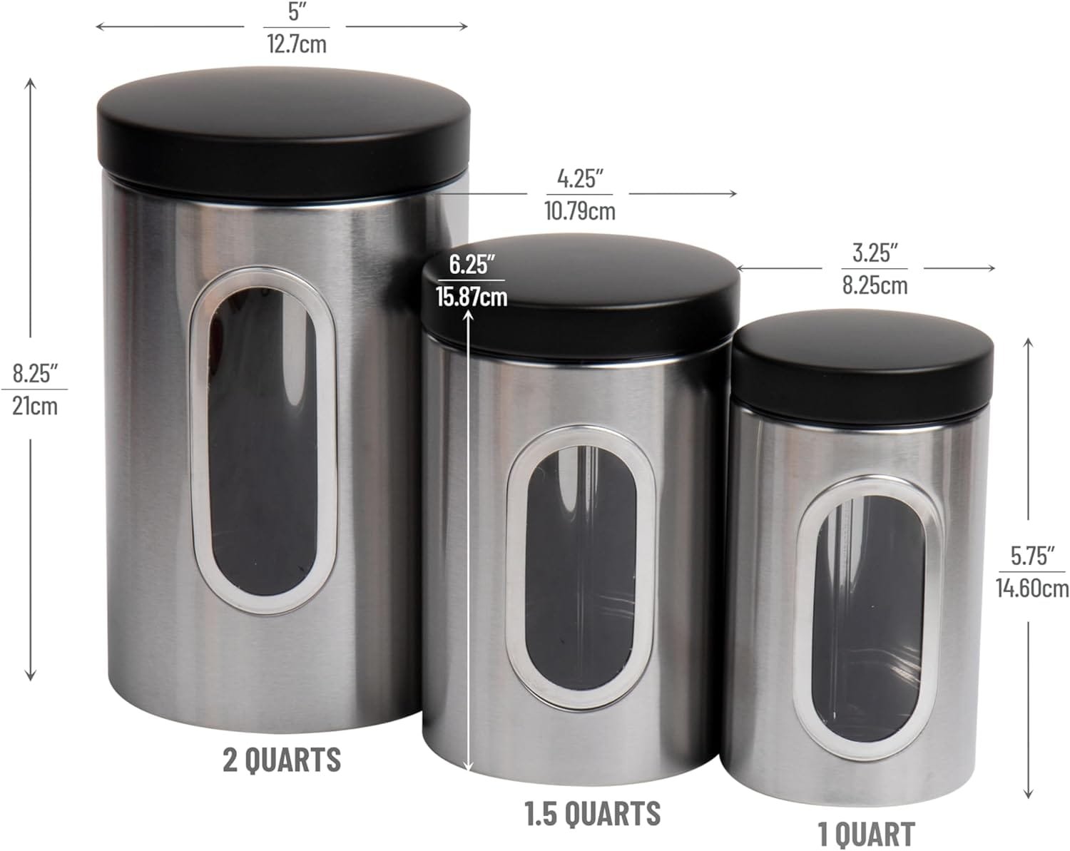 Mind Reader 3-Piece Canister Set, Kitchen Storage, Sugar, Coffee Container, Kitchen, 5L x 5W x 8.25H, Silver and Black