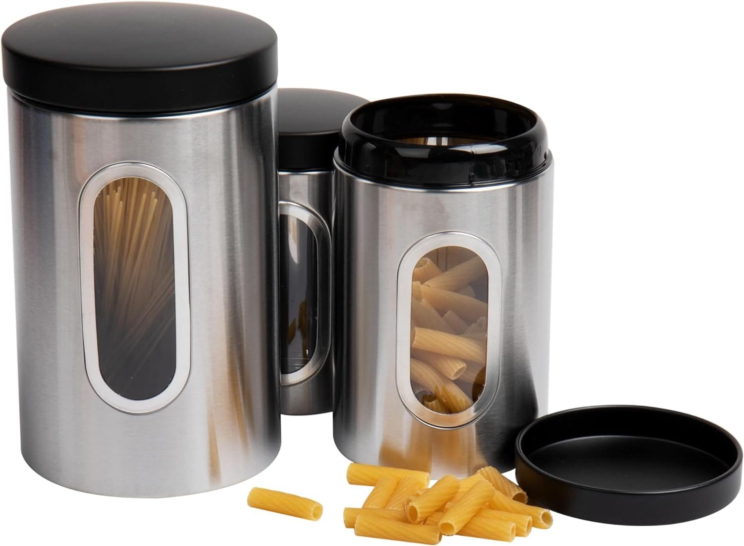 Mind Reader 3-Piece Canister Set, Kitchen Storage, Sugar, Coffee Container, Kitchen, 5L x 5W x 8.25H, Silver and Black