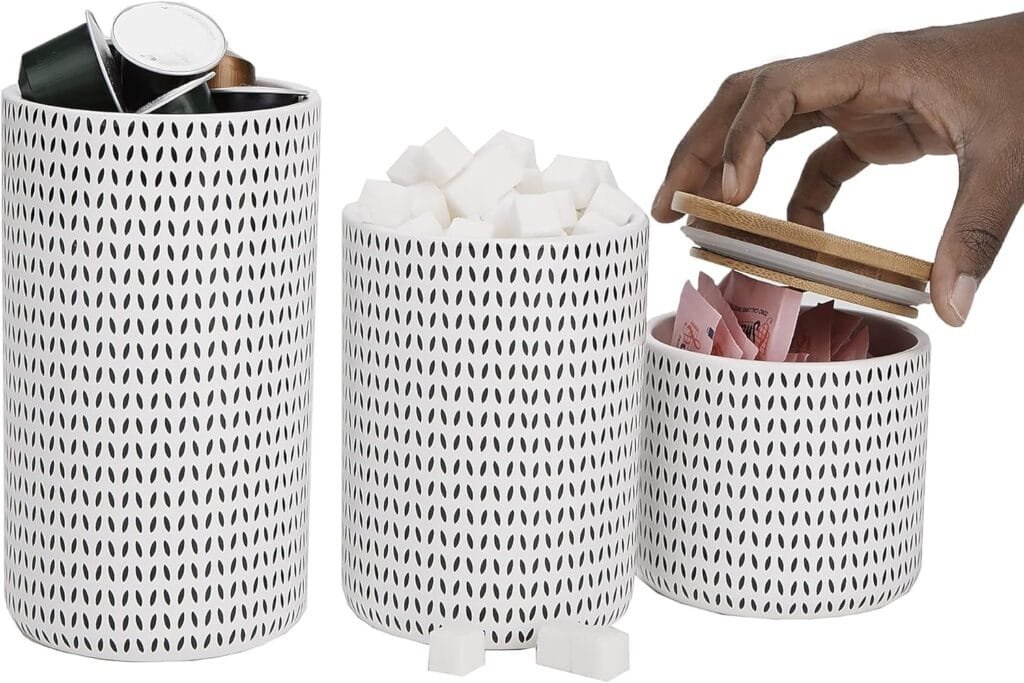 Mind Reader 3-Piece Canister Set, Sugar Container, Coffee Storage, Lids, Kitchen, Ceramic, 4L x 4W x 7H, Black and White
