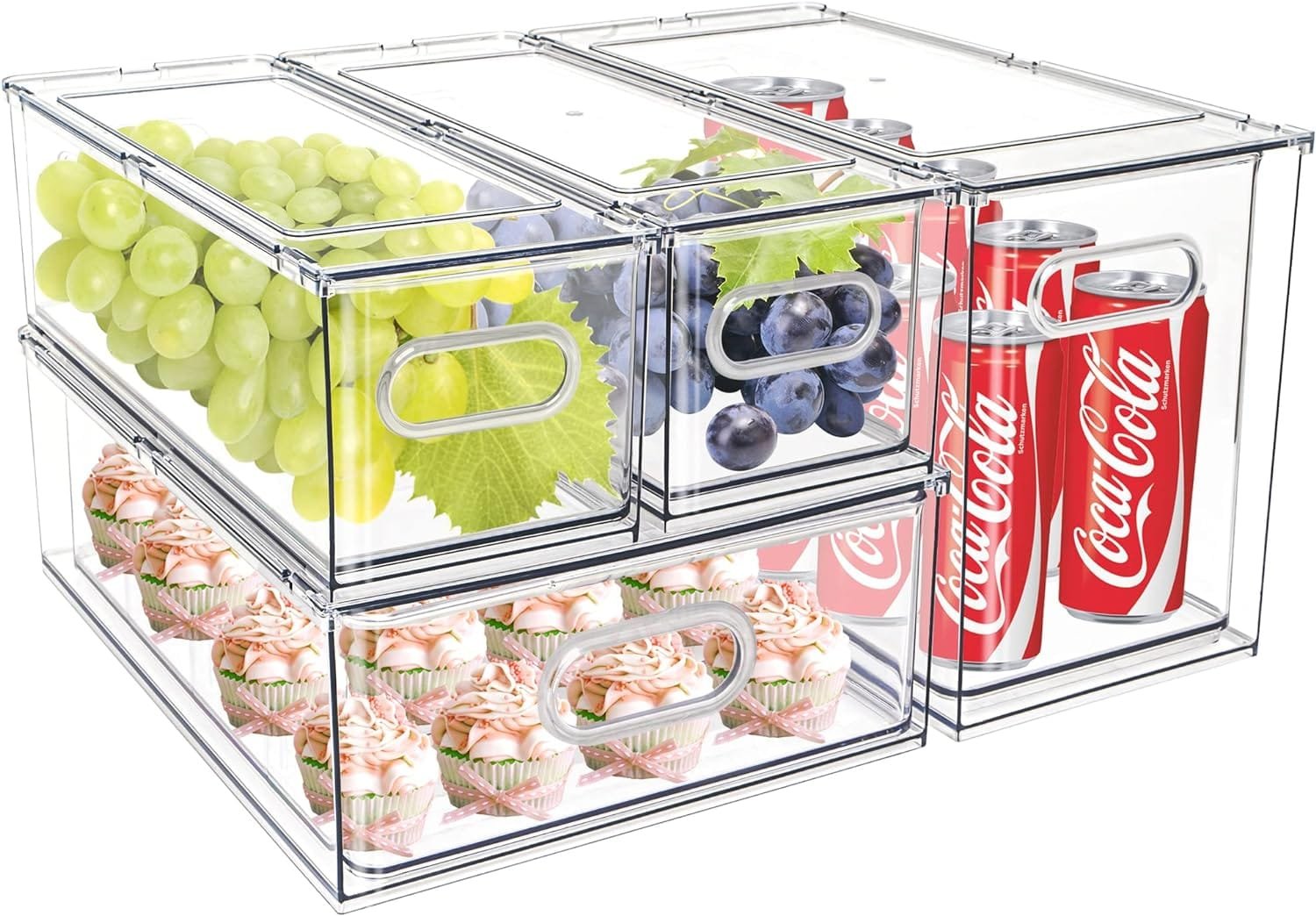 MineSign 4 pack Stackable Refrigerator Organizer Bins Pull-Out Drawers for Fruit and Veggies Storage Organizer for Fridge Clear Drawer Containers with Handle Divided Organization for Produce Saver