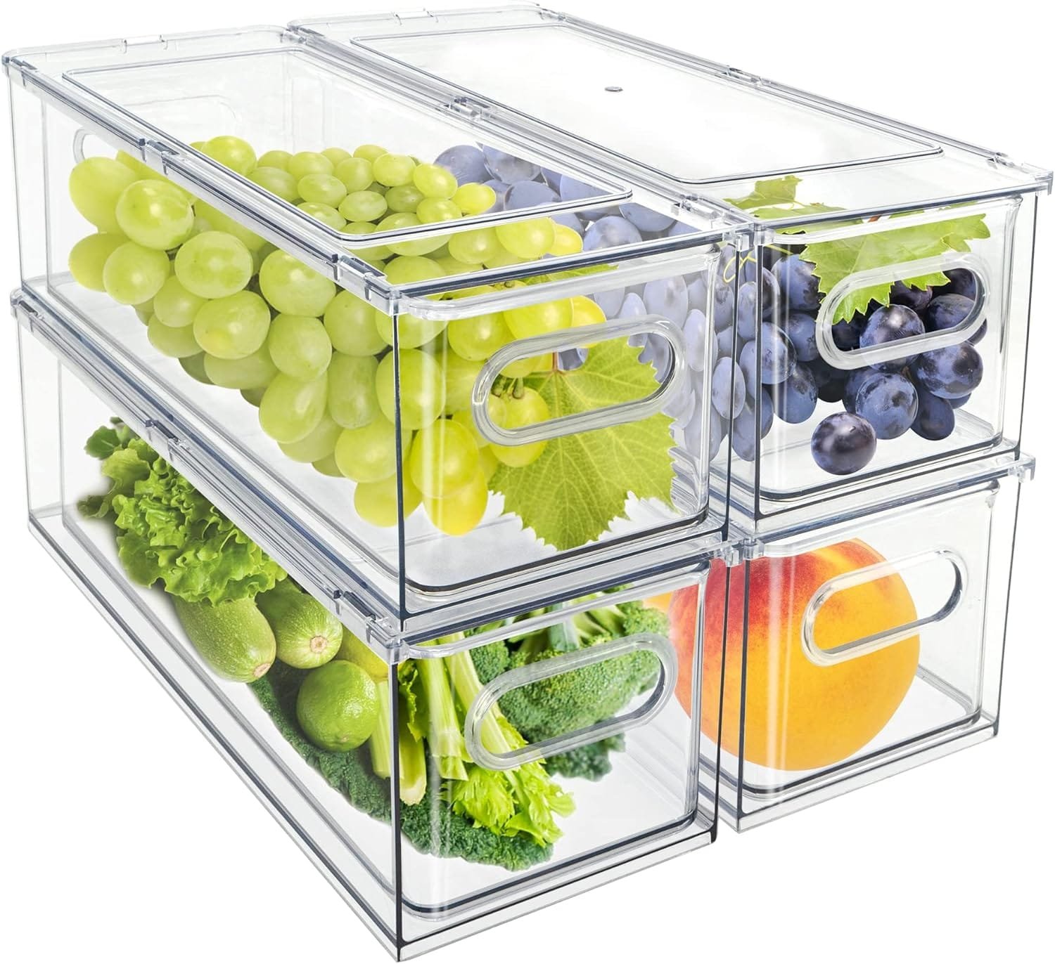 MineSign 4 pack Stackable Refrigerator Organizer Bins Pull-Out Drawers for Fruit and Veggies Storage Organizer for Fridge Clear Drawer Containers with Handle Divided Organization for Produce Saver