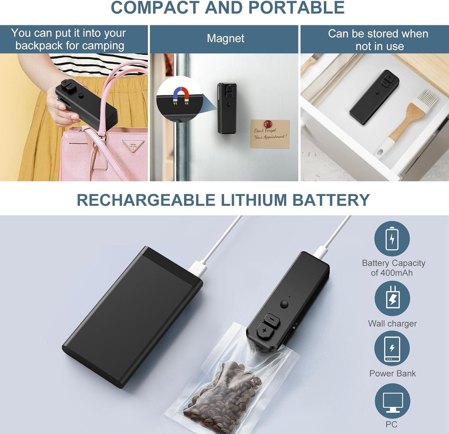 Mini Bag Sealer, 2 in 1 Heat Cutter  Sealer, Handheld Heat Sealer, Portable Heat Vacuum Sealer, Rechargable Sealing Machine for Plastic Bags Chip Bags Food Storage, Black Mini Bag Sealer, 2 in 1 Heat Cutter  Sealer, Handheld Heat Sealer, Portable Heat Vacuum Sealer, Rechargable Sealing Machine for Plastic Bags Chip Bags Food Storage, Black