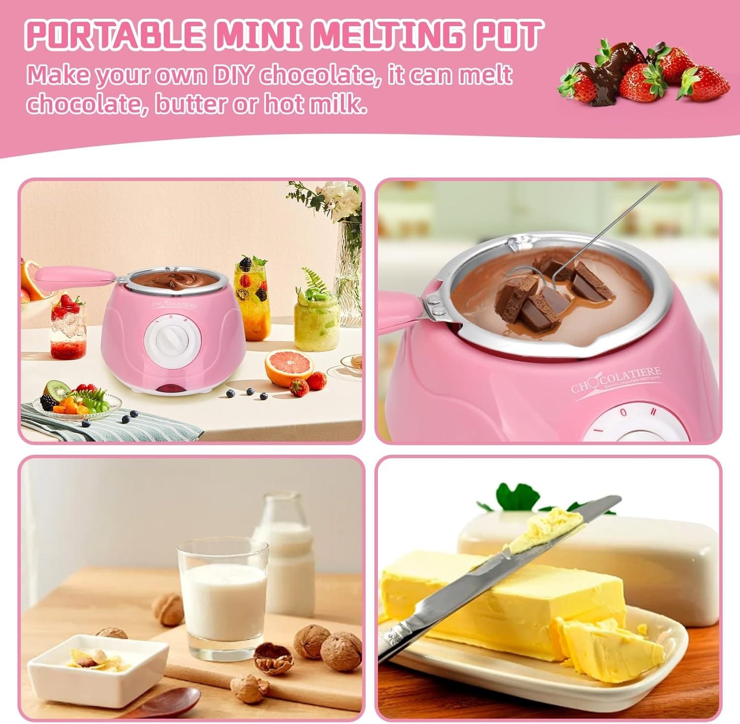 MINI Electric Chocolate Melting Pot, 8.45OZ Chocolate Fondue Fountain, Warmer Machine for Milk Chocolate,Cheese, Butter, Candy