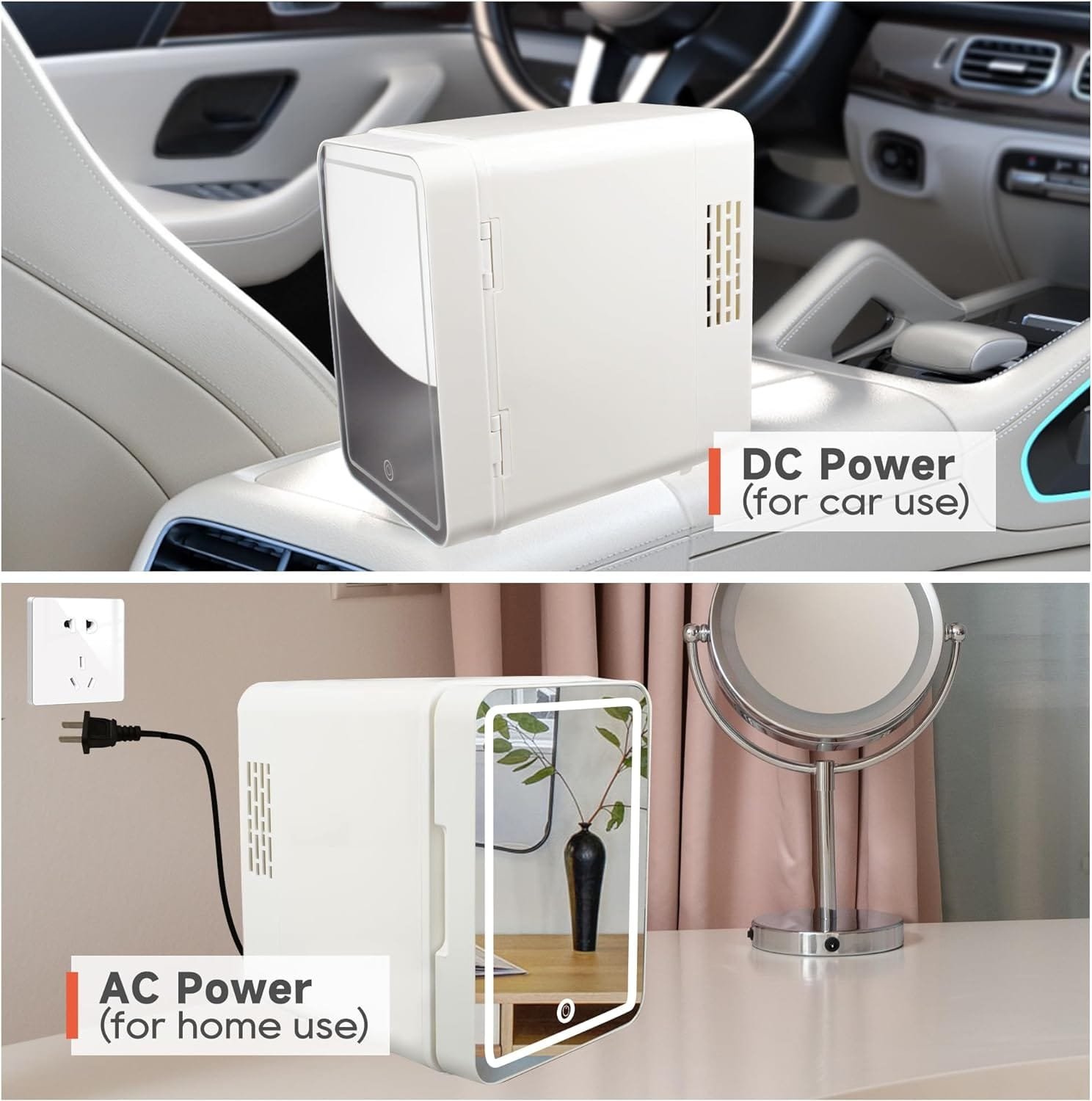 Mini Makeup Fridge,Skincare Fridge with Cooler or Warmer,AC/DC Powered,with LED Light Mirror,Mini Fridge for Bedroom,Cosmetics,Car,White Mini Makeup Fridge,Skincare Fridge with Cooler or Warmer,AC/DC Powered,with LED Light Mirror,Mini Fridge for Bedroom,Cosmetics,Car,White