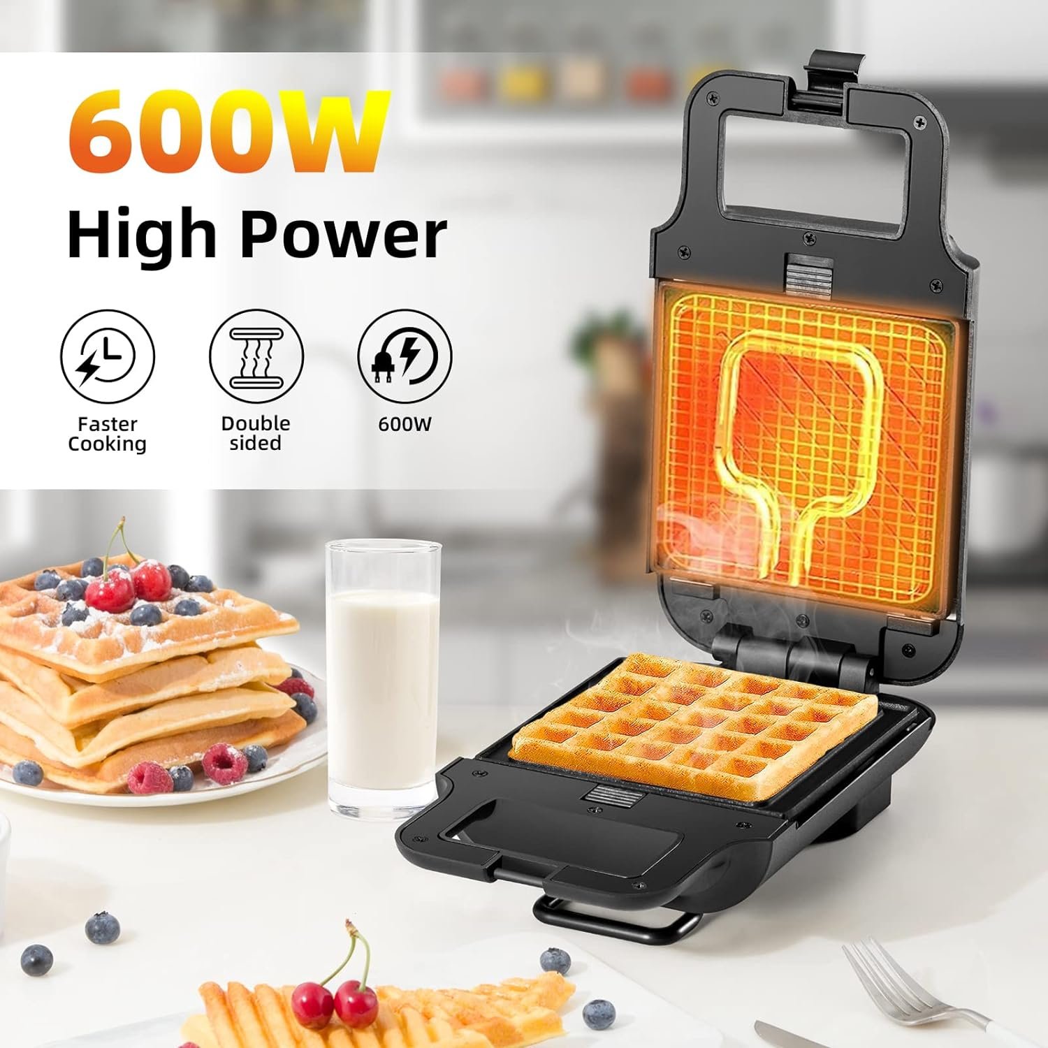 Mini Waffle Maker, Waffle Iron, Non-Stick 2-in-1 Waffle Machine with Removable Plates, Belgian Waffle Maker with Easy to Clean, Black