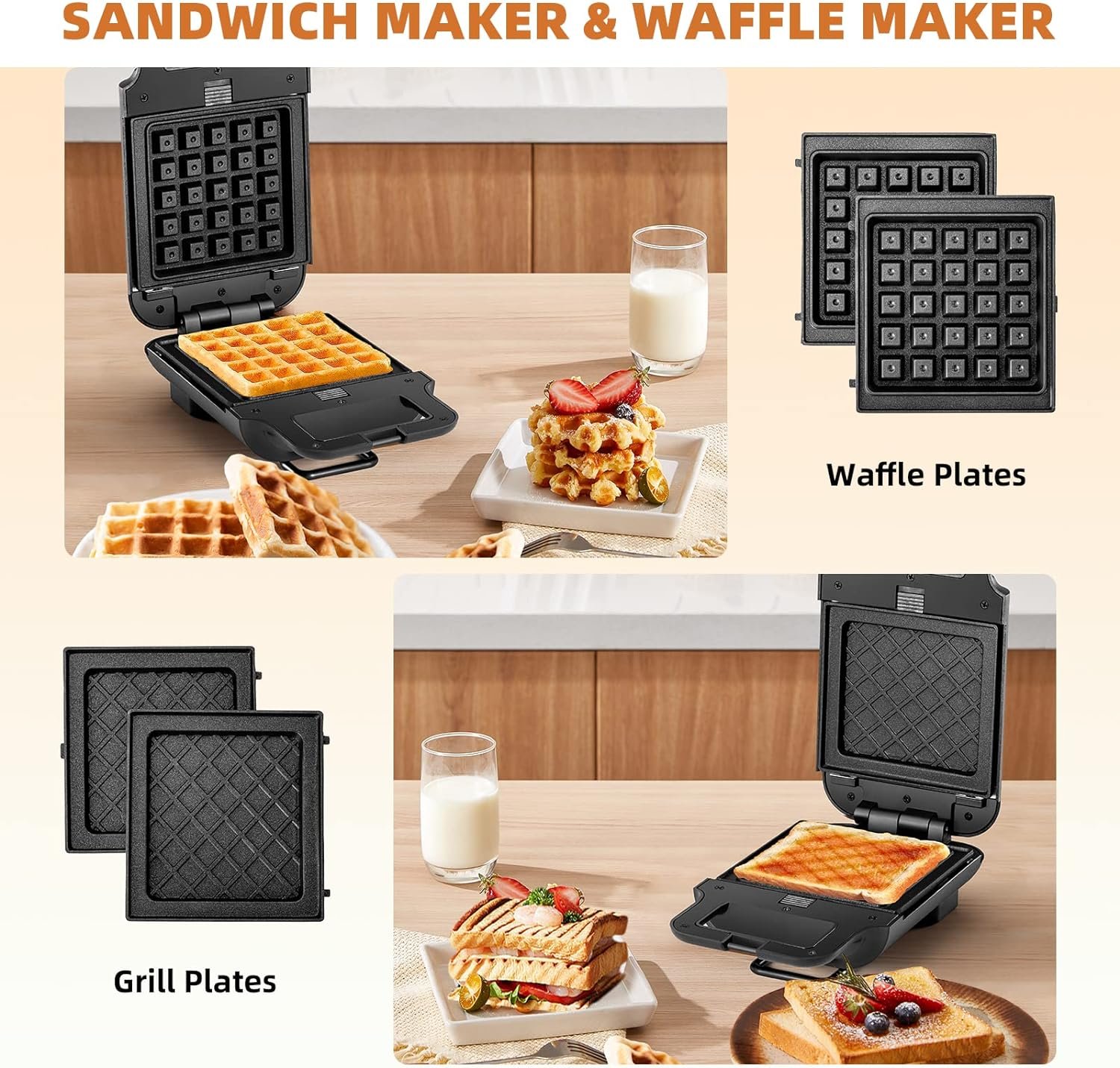 Mini Waffle Maker, Waffle Iron, Non-Stick 2-in-1 Waffle Machine with Removable Plates, Belgian Waffle Maker with Easy to Clean, Black